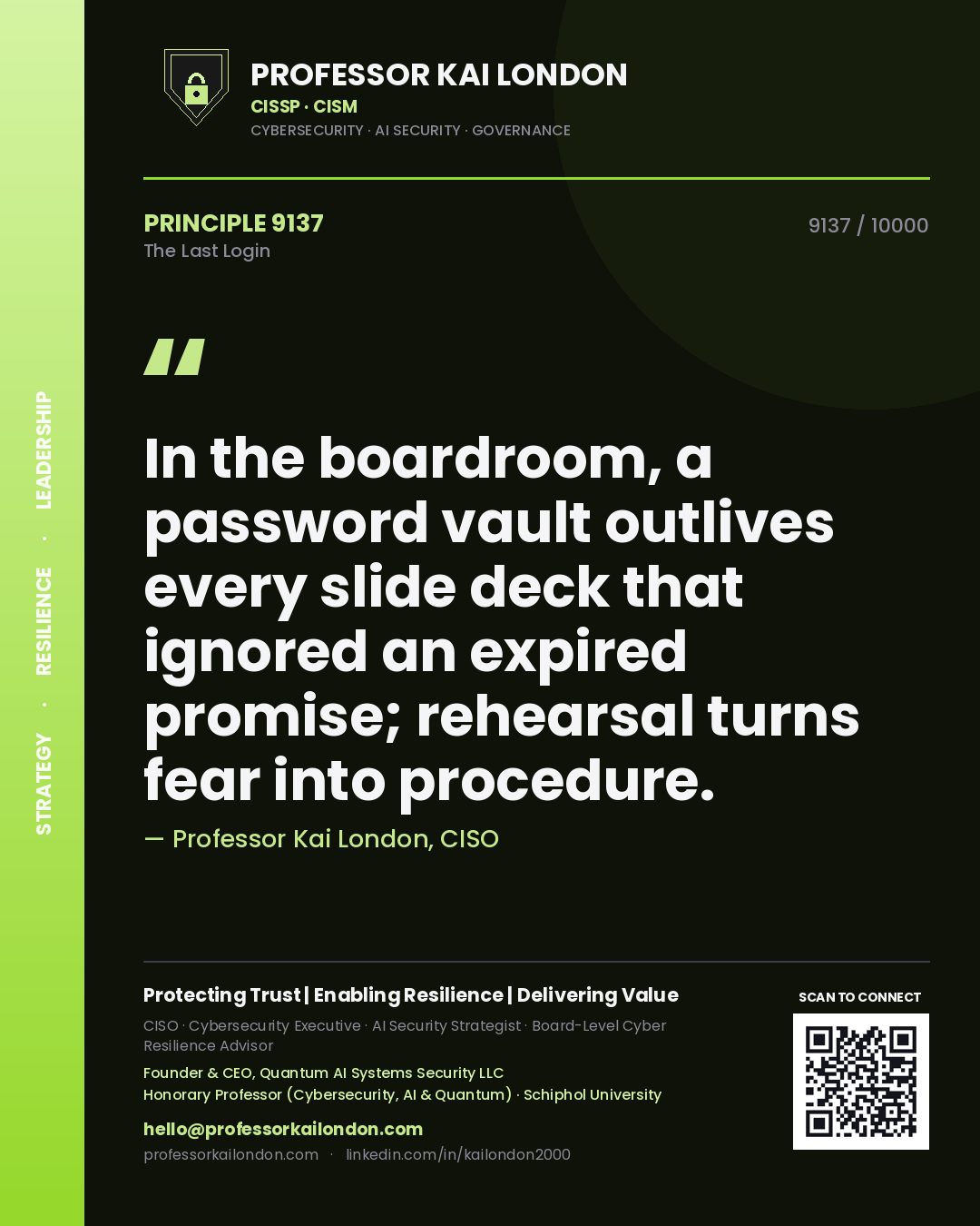 Professor Kai London principle 9137: In the boardroom, a password vault outlives every slide deck that ignored an expired promise; rehearsal turns fear into procedure.