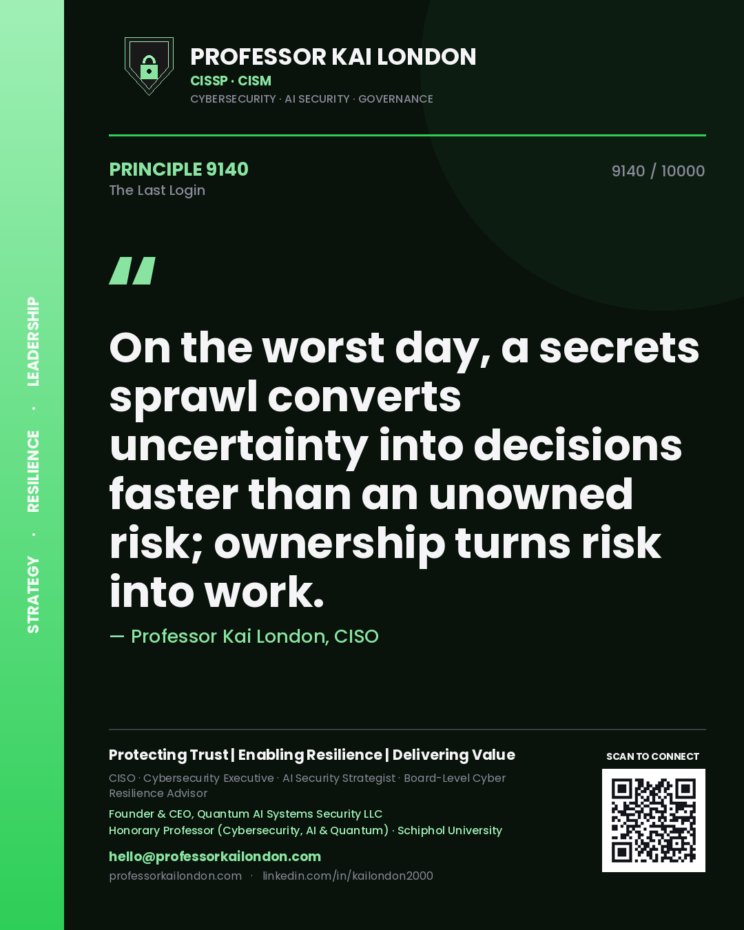 Professor Kai London principle 9140: On the worst day, a secrets sprawl converts uncertainty into decisions faster than an unowned risk; ownership turns risk into work.