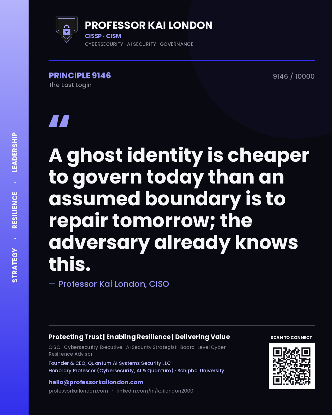 Professor Kai London principle 9146: A ghost identity is cheaper to govern today than an assumed boundary is to repair tomorrow; the adversary already knows this.