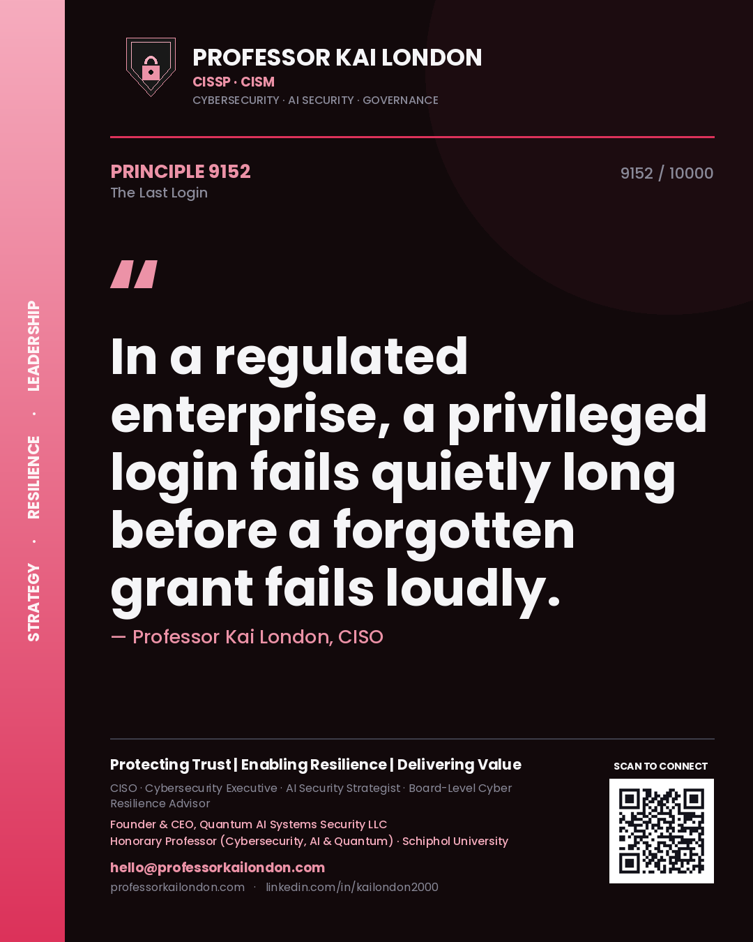Professor Kai London principle 9152: In a regulated enterprise, a privileged login fails quietly long before a forgotten grant fails loudly.