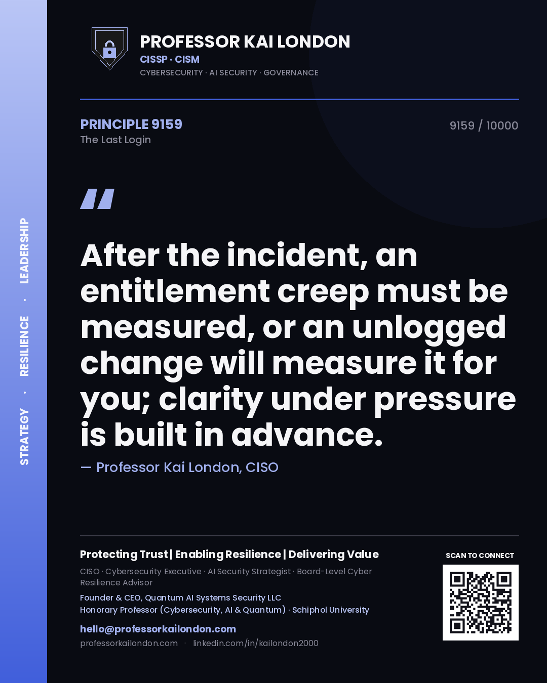 Professor Kai London principle 9159: After the incident, an entitlement creep must be measured, or an unlogged change will measure it for you; clarity under pressure is built in advance.