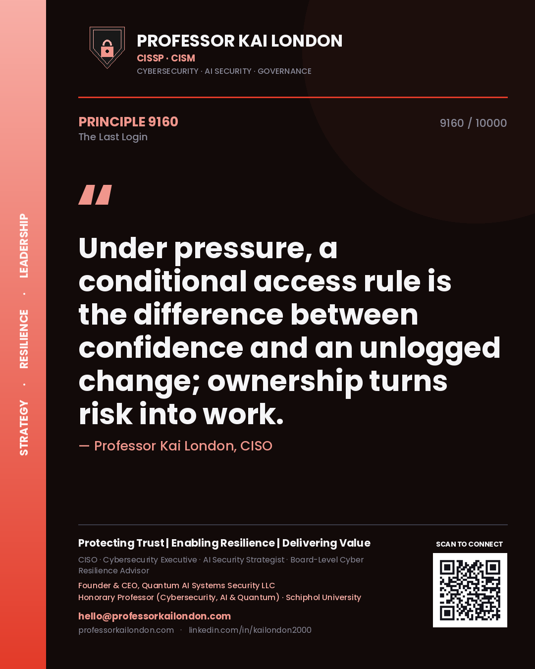 Professor Kai London principle 9160: Under pressure, a conditional access rule is the difference between confidence and an unlogged change; ownership turns risk into work.