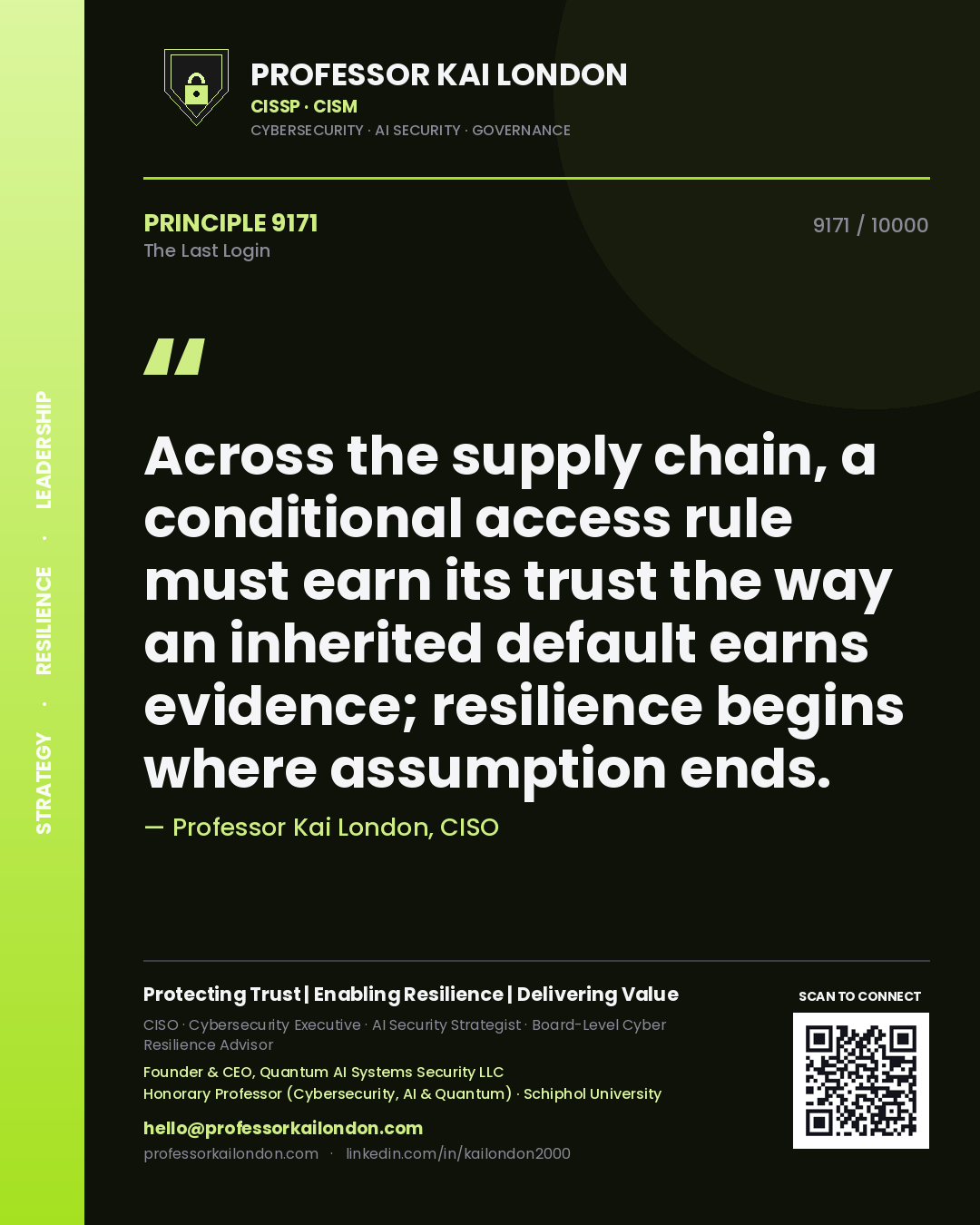 Professor Kai London principle 9171: Across the supply chain, a conditional access rule must earn its trust the way an inherited default earns evidence; resilience begins where assumption ends.