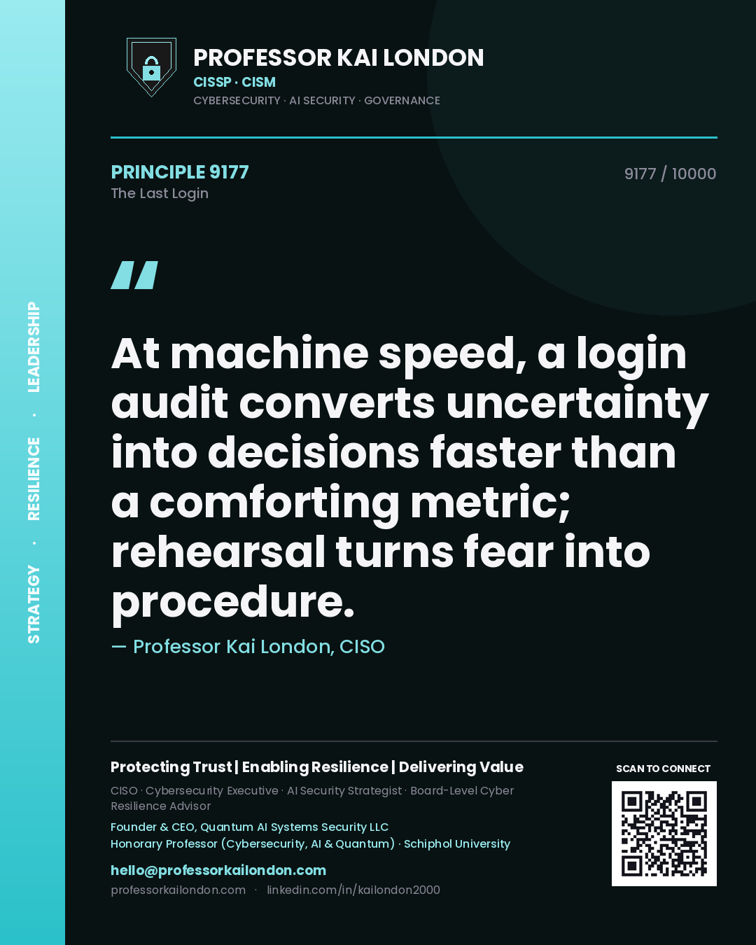 Professor Kai London principle 9177: At machine speed, a login audit converts uncertainty into decisions faster than a comforting metric; rehearsal turns fear into procedure.