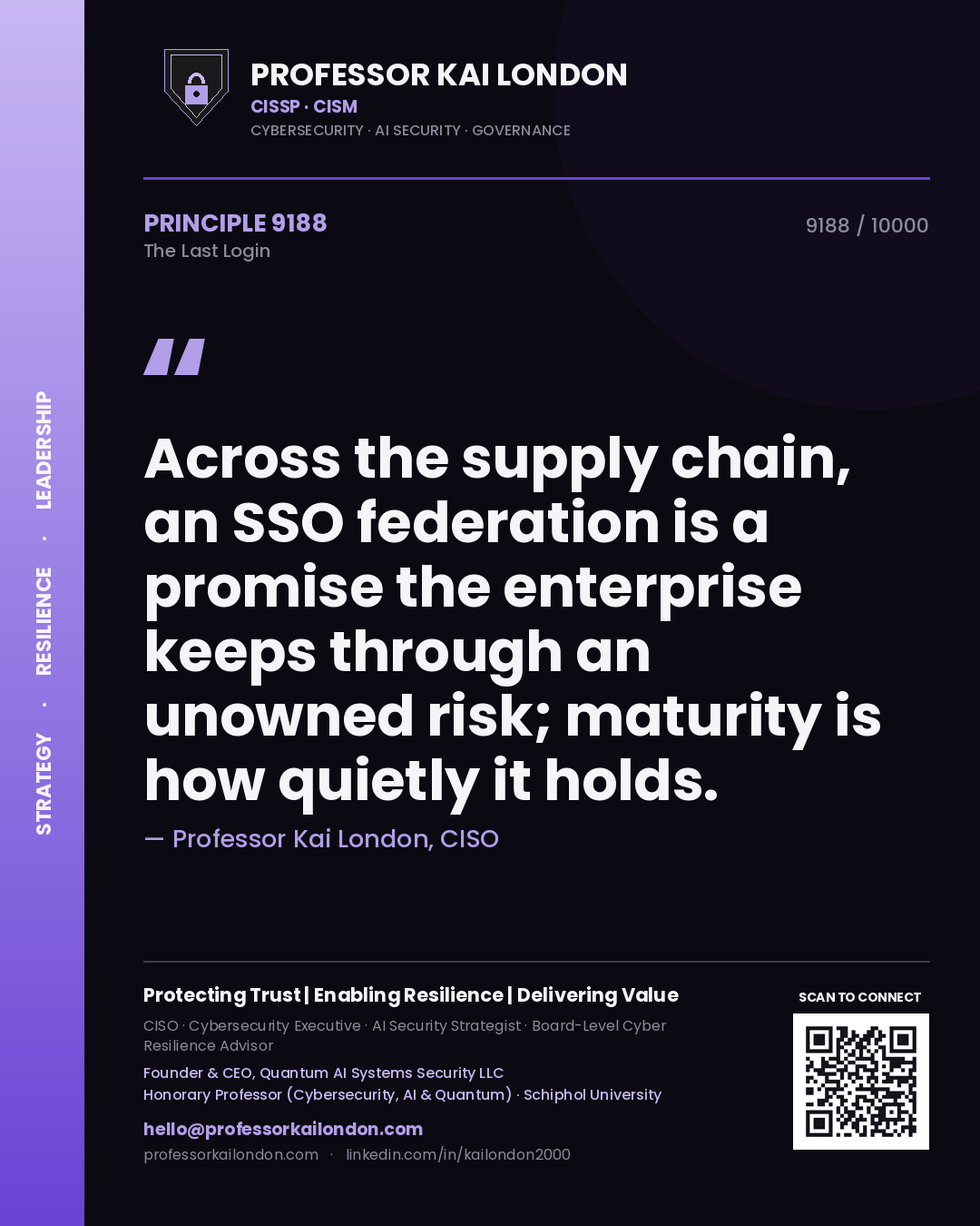 Professor Kai London principle 9188: Across the supply chain, an SSO federation is a promise the enterprise keeps through an unowned risk; maturity is how quietly it holds.