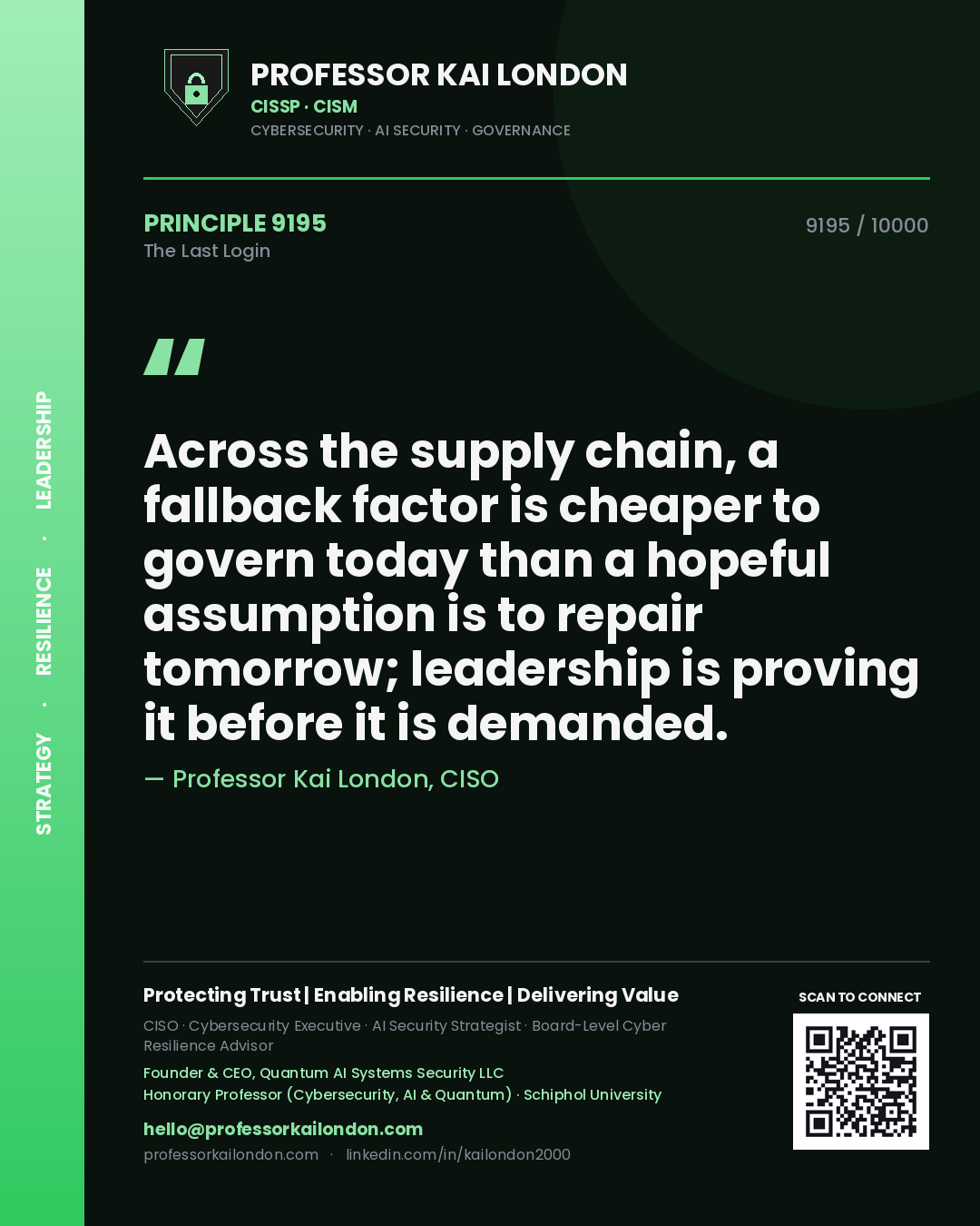 Professor Kai London principle 9195: Across the supply chain, a fallback factor is cheaper to govern today than a hopeful assumption is to repair tomorrow; leadership is proving it before it is demanded.
