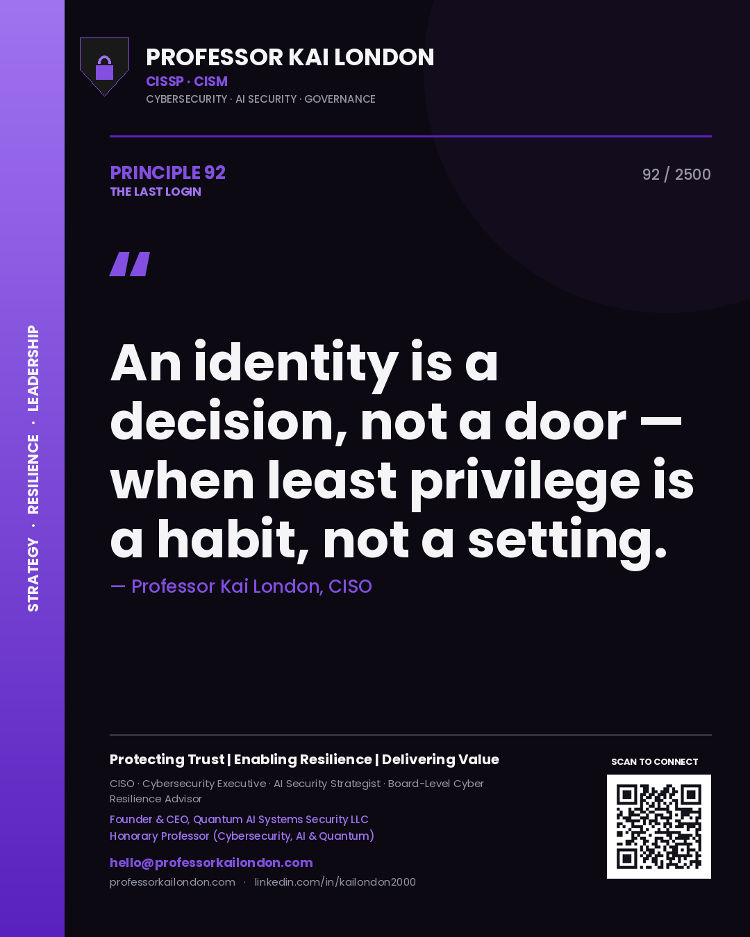 Professor Kai London principle 92: An identity is a decision, not a door — when least privilege is a habit, not a setting.