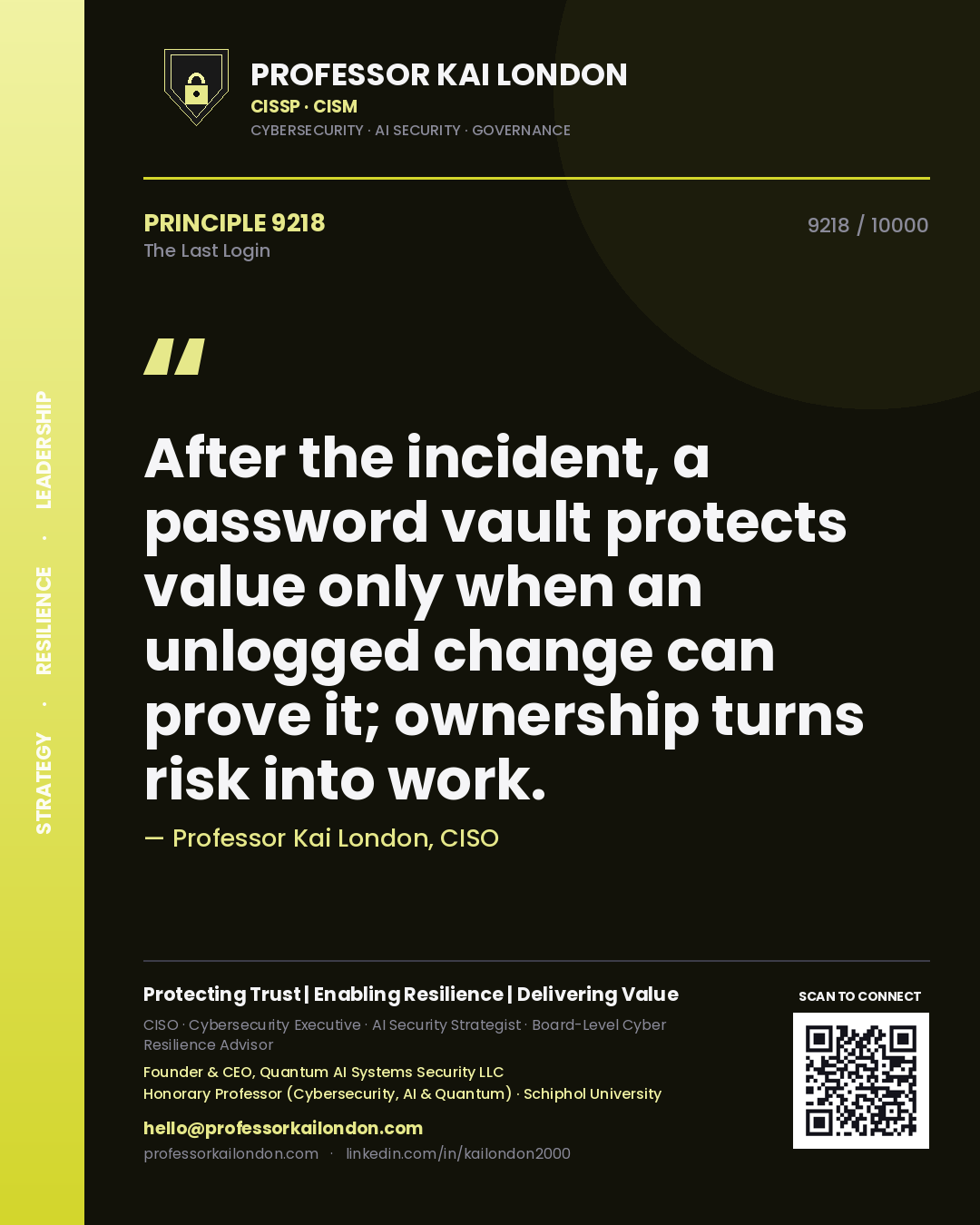 Professor Kai London principle 9218: After the incident, a password vault protects value only when an unlogged change can prove it; ownership turns risk into work.