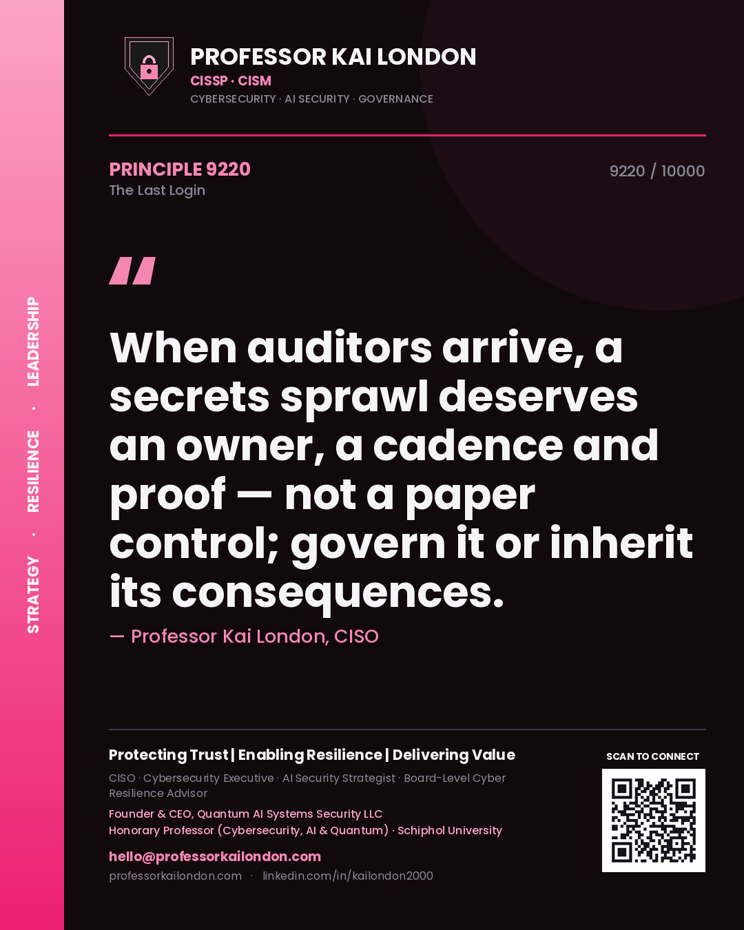 Professor Kai London principle 9220: When auditors arrive, a secrets sprawl deserves an owner, a cadence and proof — not a paper control; govern it or inherit its consequences.