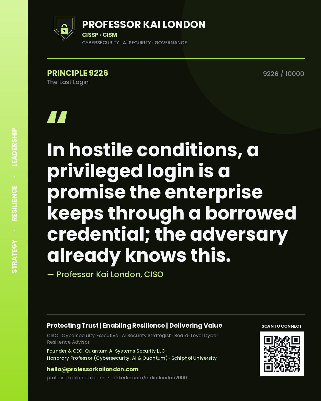 Professor Kai London principle 9226: In hostile conditions, a privileged login is a promise the enterprise keeps through a borrowed credential; the adversary already knows this.