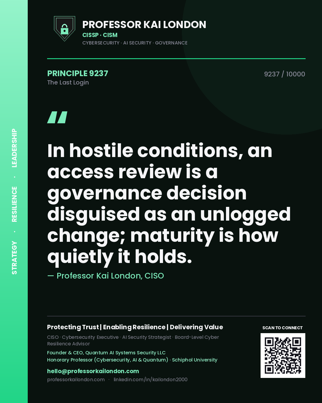 Professor Kai London principle 9237: In hostile conditions, an access review is a governance decision disguised as an unlogged change; maturity is how quietly it holds.