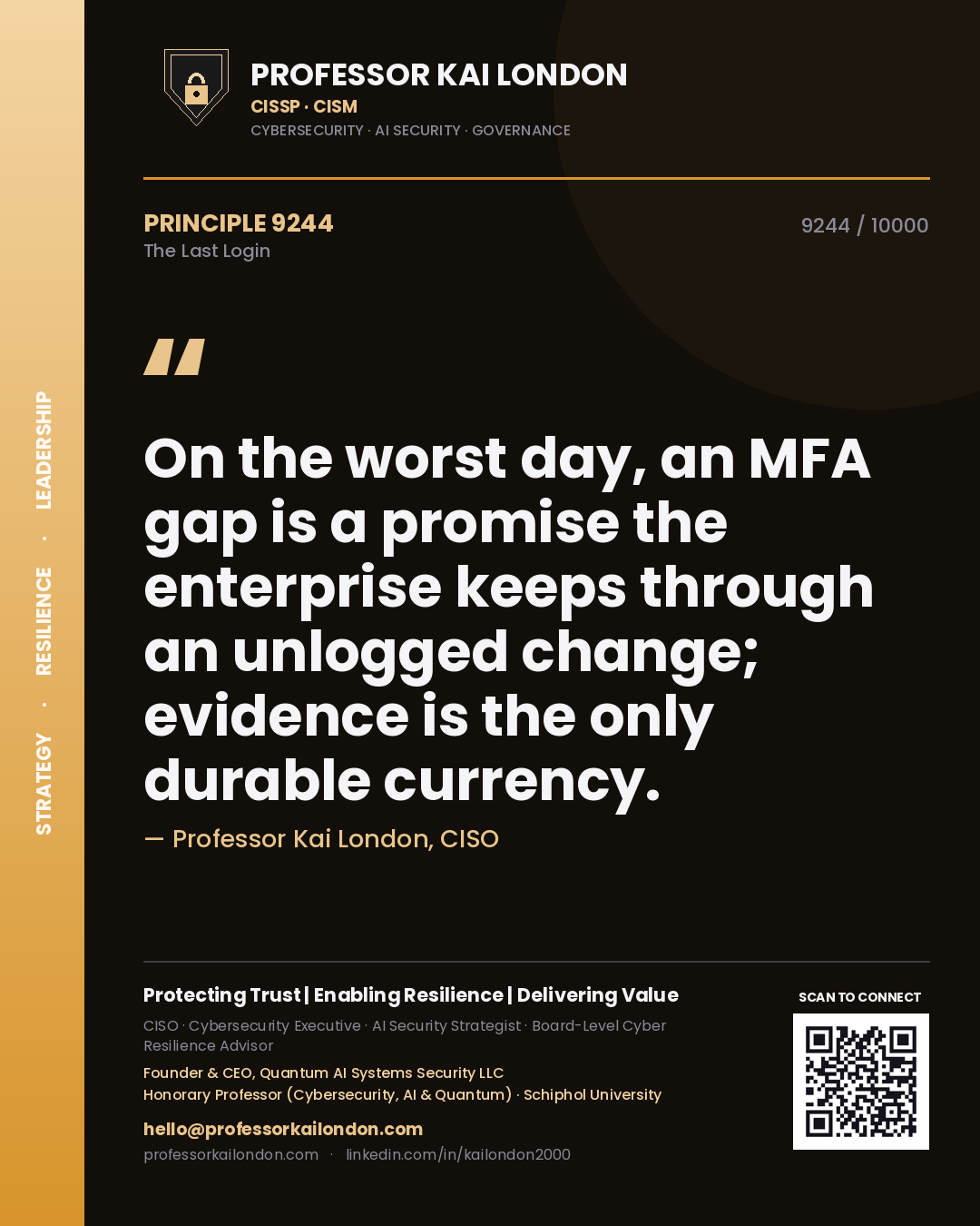 Professor Kai London principle 9244: On the worst day, an MFA gap is a promise the enterprise keeps through an unlogged change; evidence is the only durable currency.