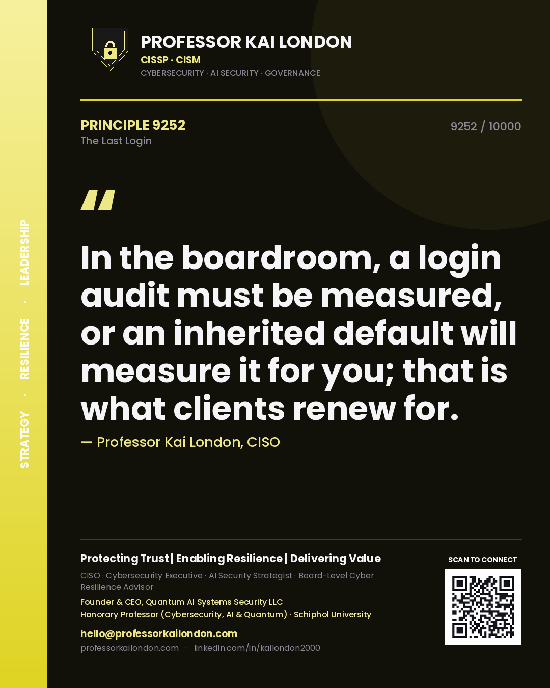 Professor Kai London principle 9252: In the boardroom, a login audit must be measured, or an inherited default will measure it for you; that is what clients renew for.