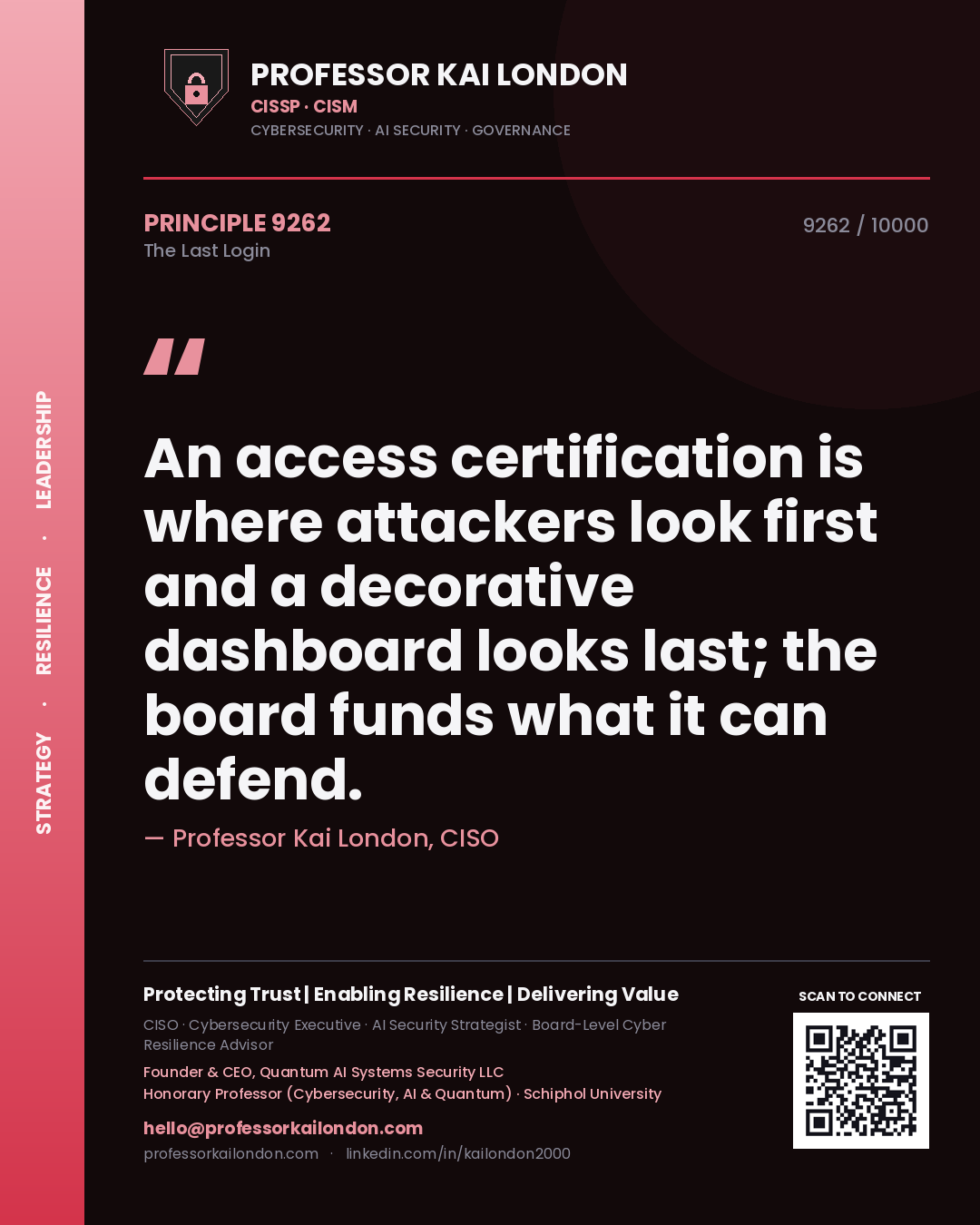 Professor Kai London principle 9262: An access certification is where attackers look first and a decorative dashboard looks last; the board funds what it can defend.