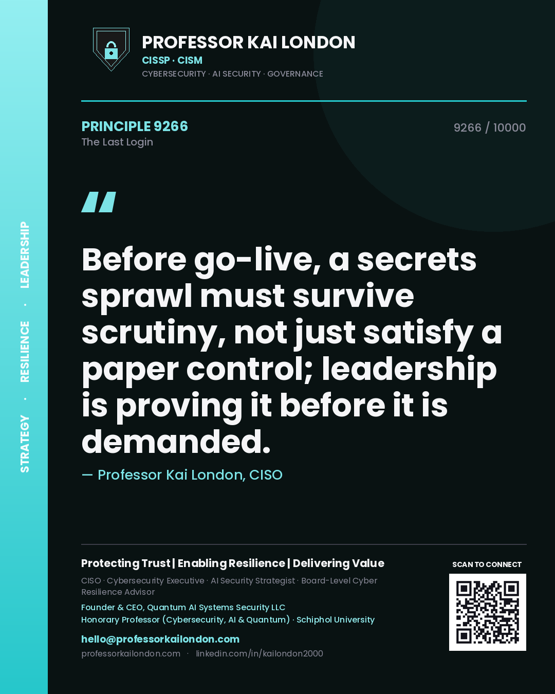 Professor Kai London principle 9266: Before go-live, a secrets sprawl must survive scrutiny, not just satisfy a paper control; leadership is proving it before it is demanded.