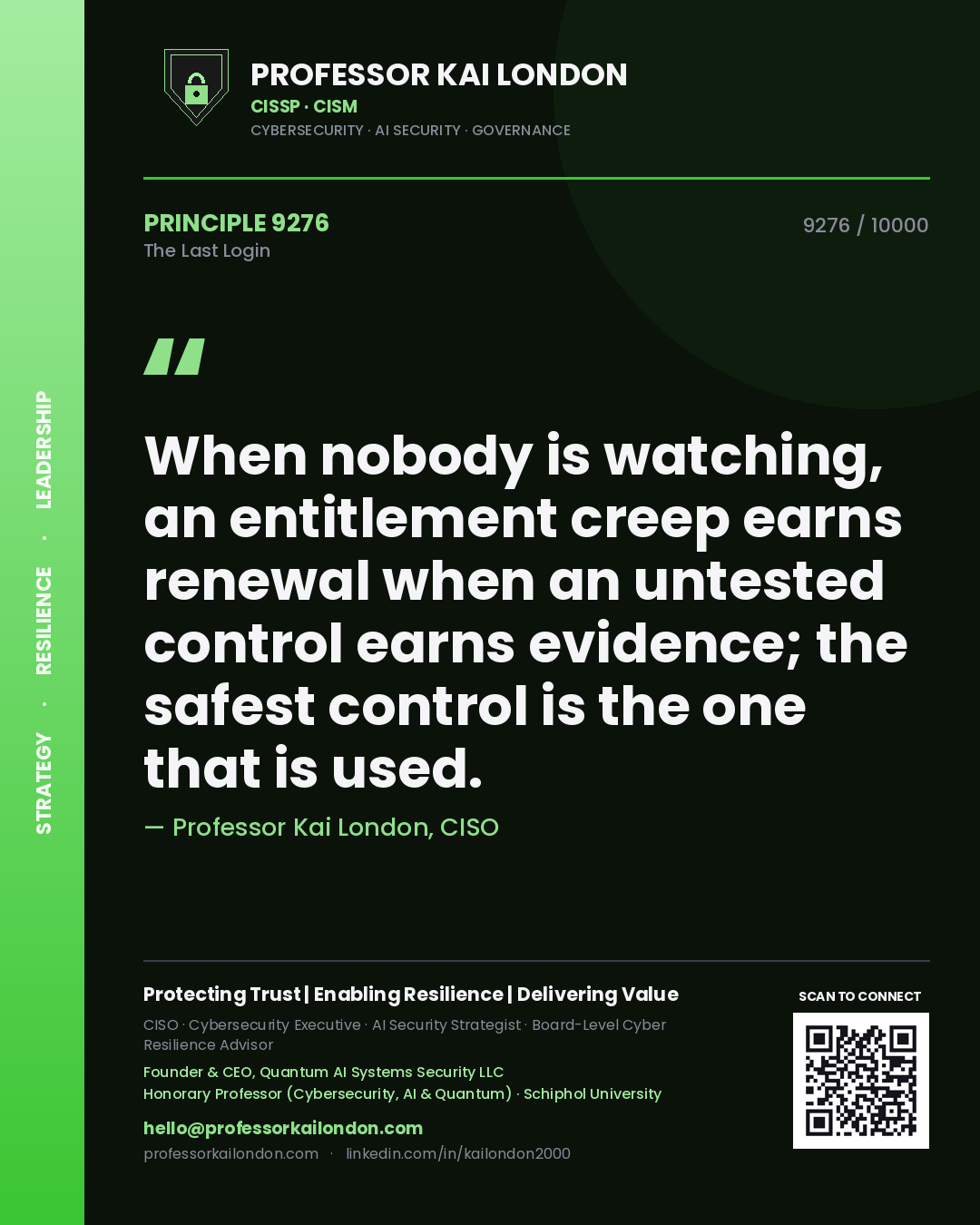 Professor Kai London principle 9276: When nobody is watching, an entitlement creep earns renewal when an untested control earns evidence; the safest control is the one that is used.