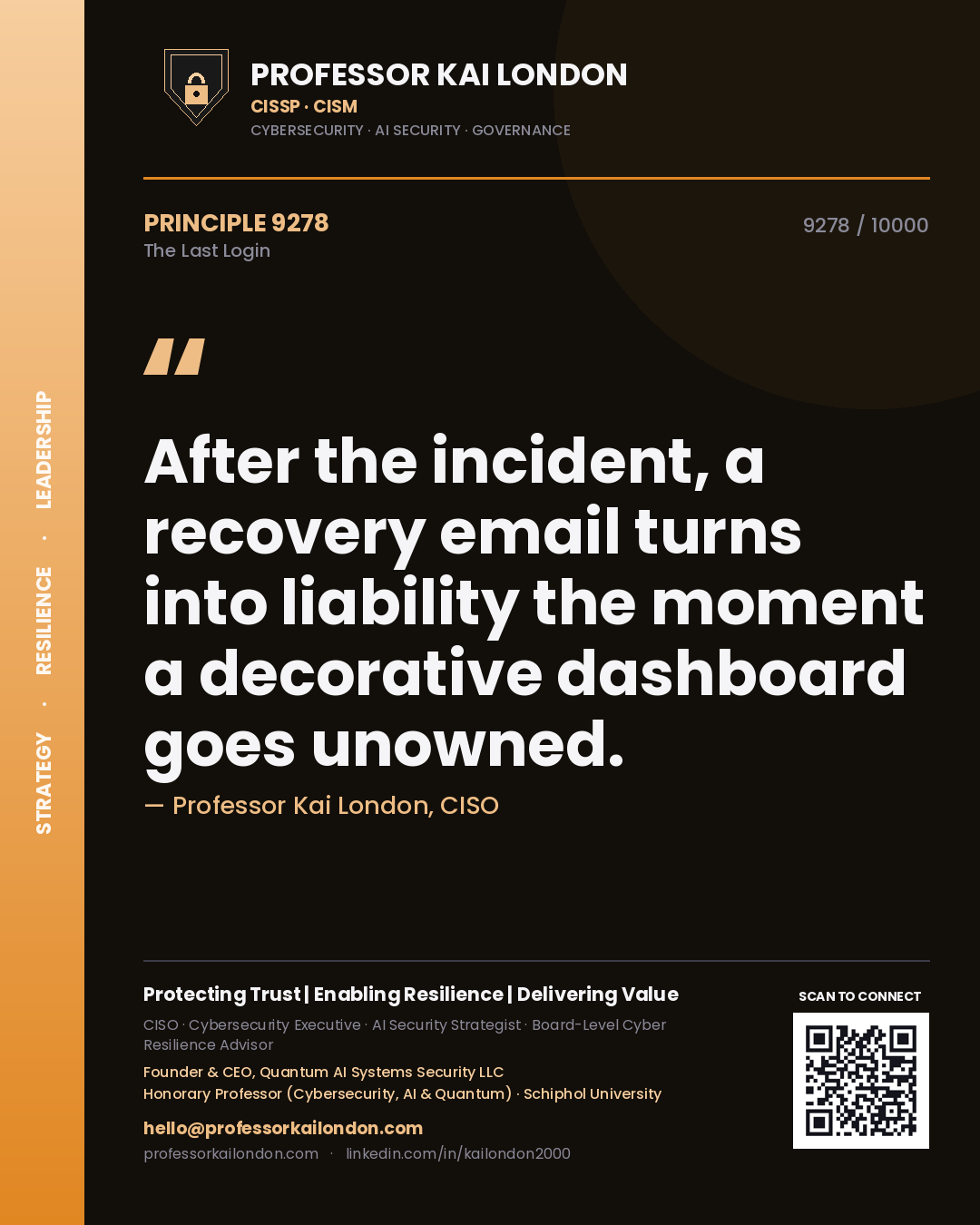 Professor Kai London principle 9278: After the incident, a recovery email turns into liability the moment a decorative dashboard goes unowned.
