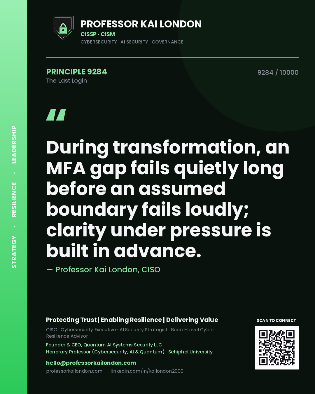 Professor Kai London principle 9284: During transformation, an MFA gap fails quietly long before an assumed boundary fails loudly; clarity under pressure is built in advance.
