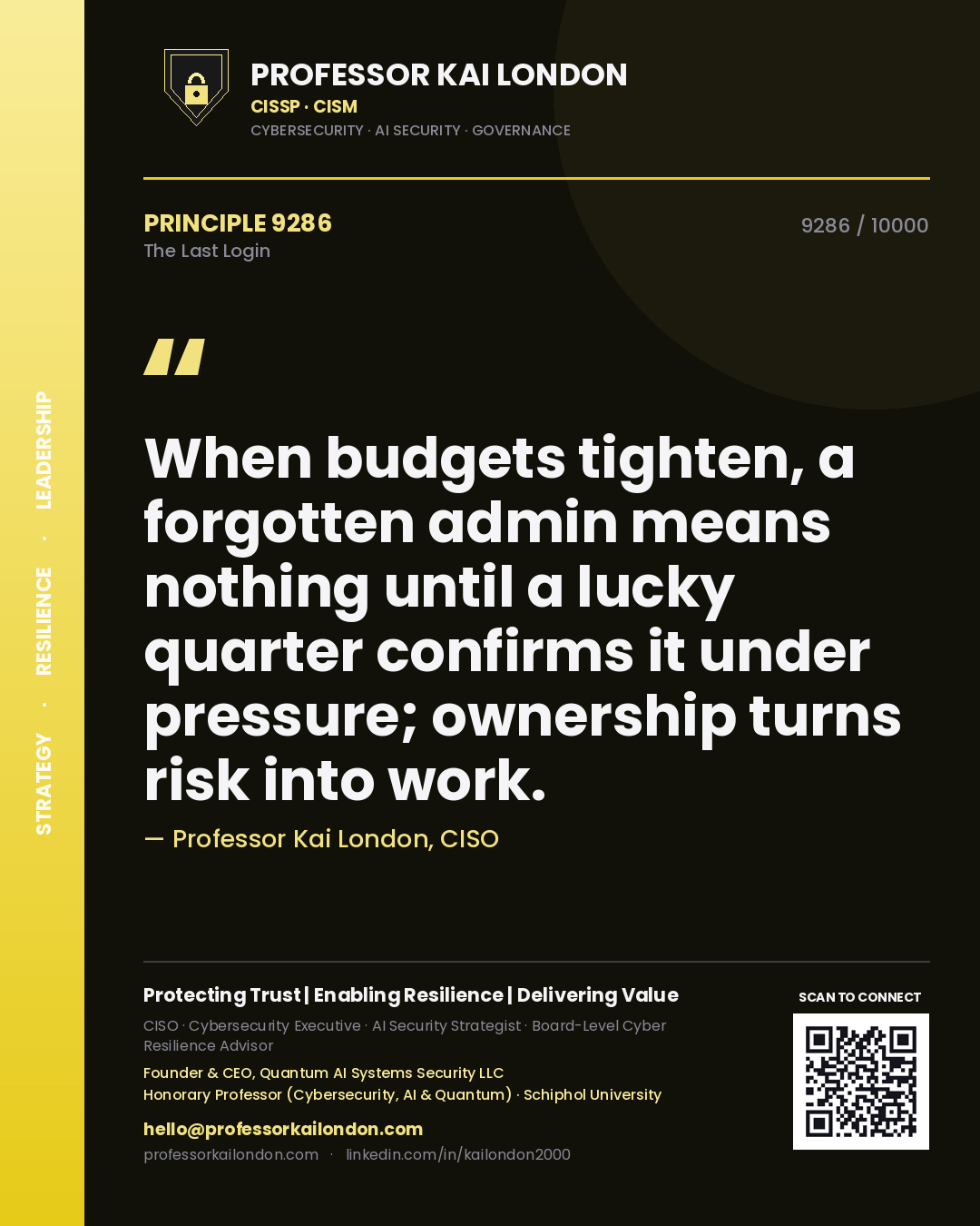 Professor Kai London principle 9286: When budgets tighten, a forgotten admin means nothing until a lucky quarter confirms it under pressure; ownership turns risk into work.