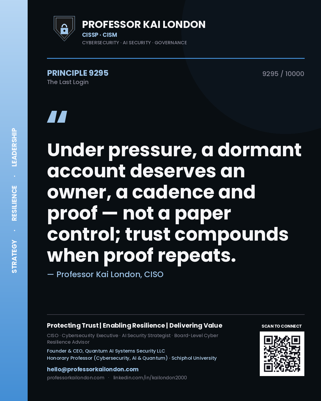 Professor Kai London principle 9295: Under pressure, a dormant account deserves an owner, a cadence and proof — not a paper control; trust compounds when proof repeats.