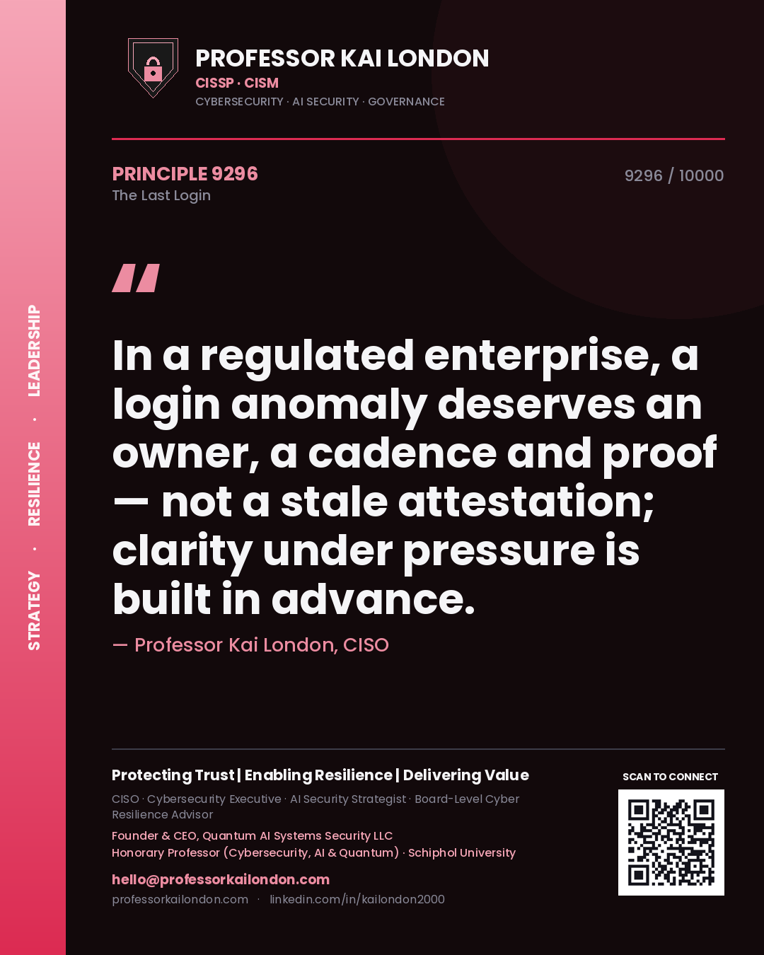Professor Kai London principle 9296: In a regulated enterprise, a login anomaly deserves an owner, a cadence and proof — not a stale attestation; clarity under pressure is built in advance.