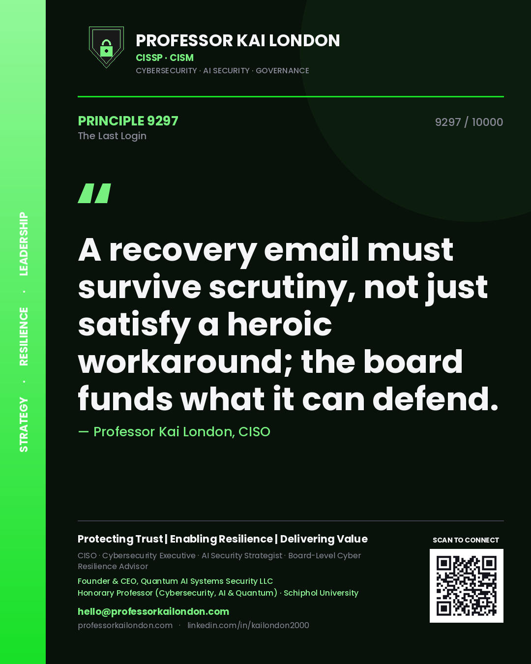 Professor Kai London principle 9297: A recovery email must survive scrutiny, not just satisfy a heroic workaround; the board funds what it can defend.