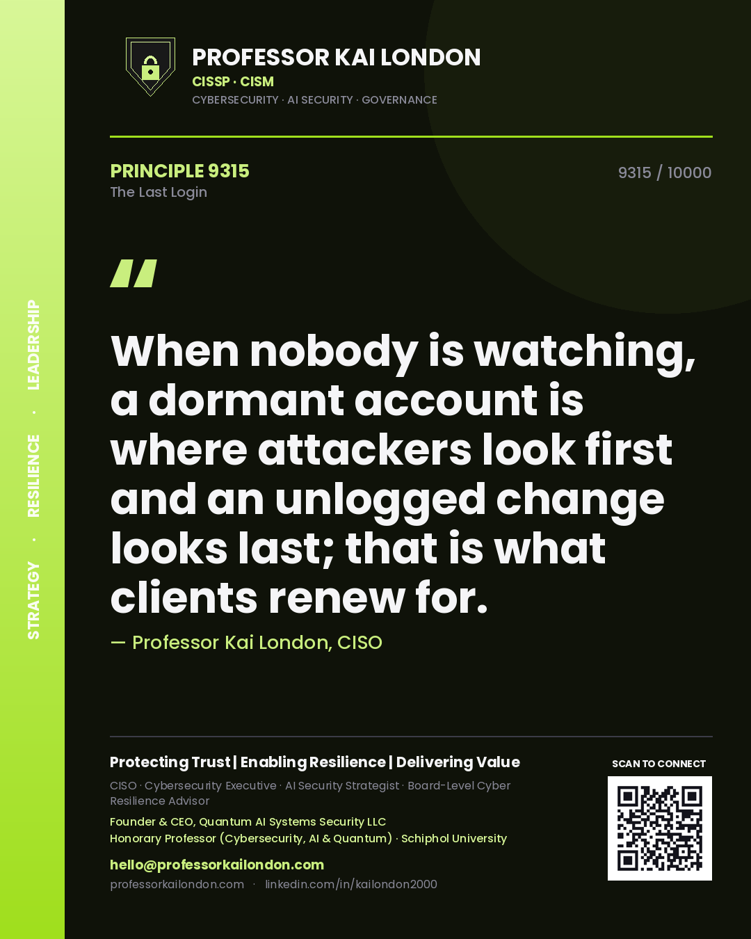 Professor Kai London principle 9315: When nobody is watching, a dormant account is where attackers look first and an unlogged change looks last; that is what clients renew for.