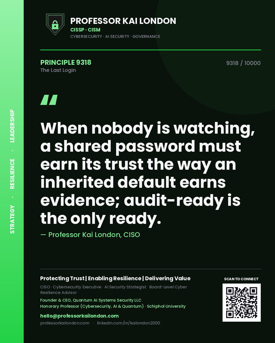 Professor Kai London principle 9318: When nobody is watching, a shared password must earn its trust the way an inherited default earns evidence; audit-ready is the only ready.