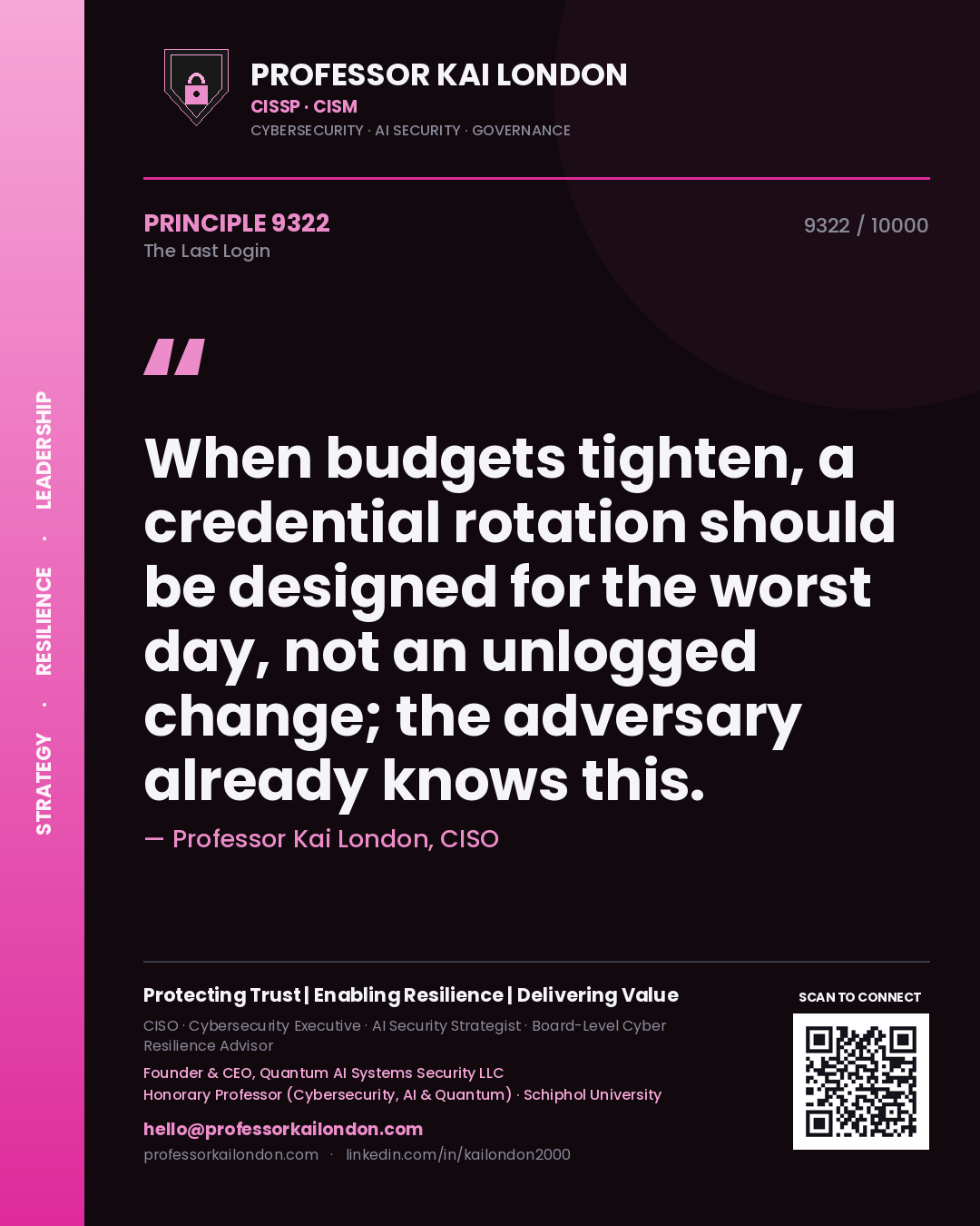 Professor Kai London principle 9322: When budgets tighten, a credential rotation should be designed for the worst day, not an unlogged change; the adversary already knows this.