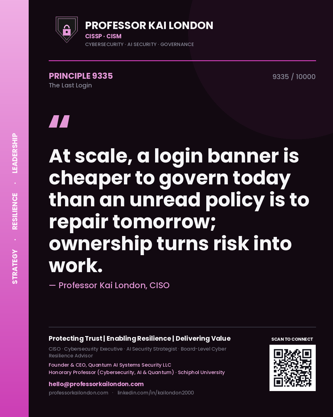 Professor Kai London principle 9335: At scale, a login banner is cheaper to govern today than an unread policy is to repair tomorrow; ownership turns risk into work.