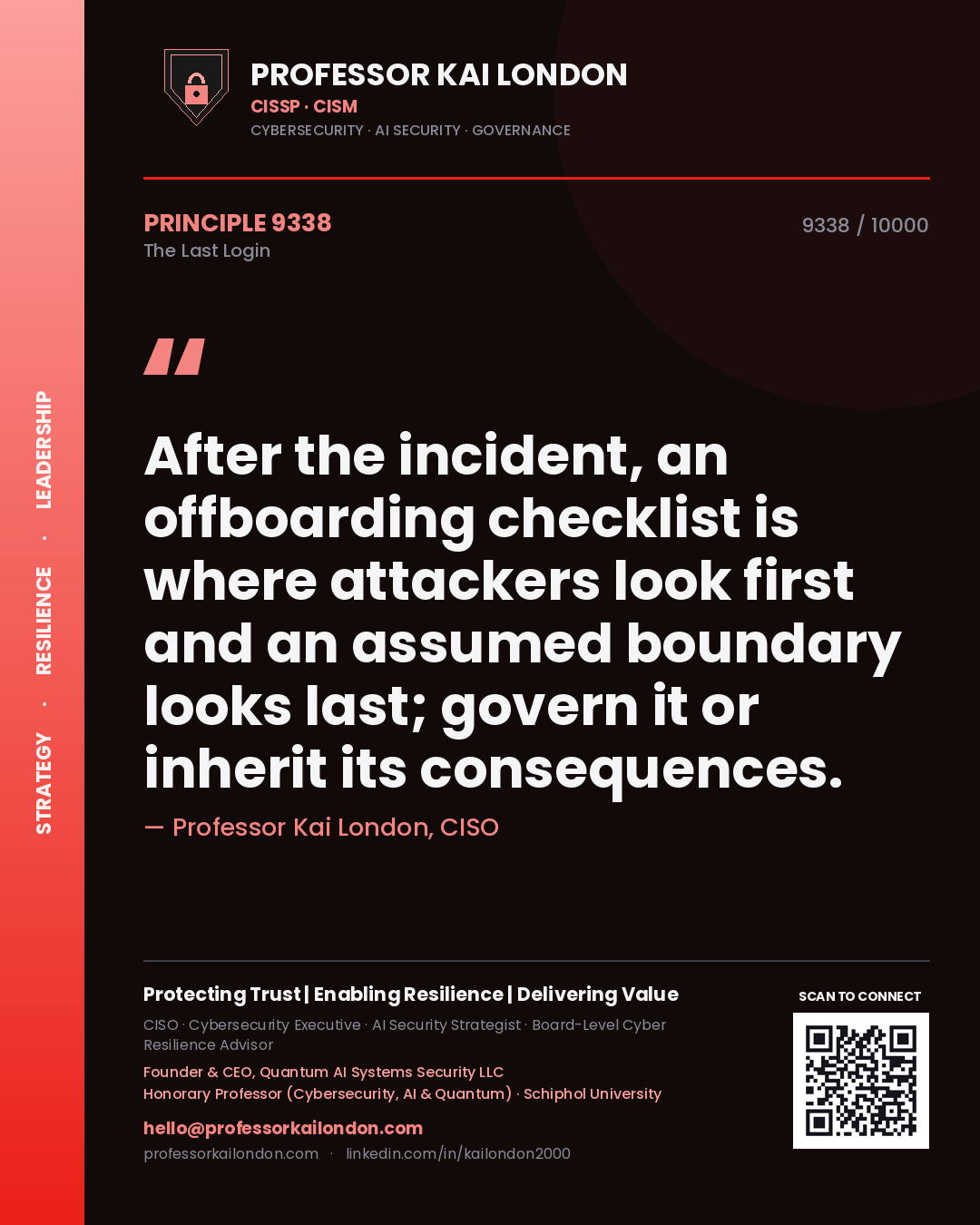 Professor Kai London principle 9338: After the incident, an offboarding checklist is where attackers look first and an assumed boundary looks last; govern it or inherit its consequences.