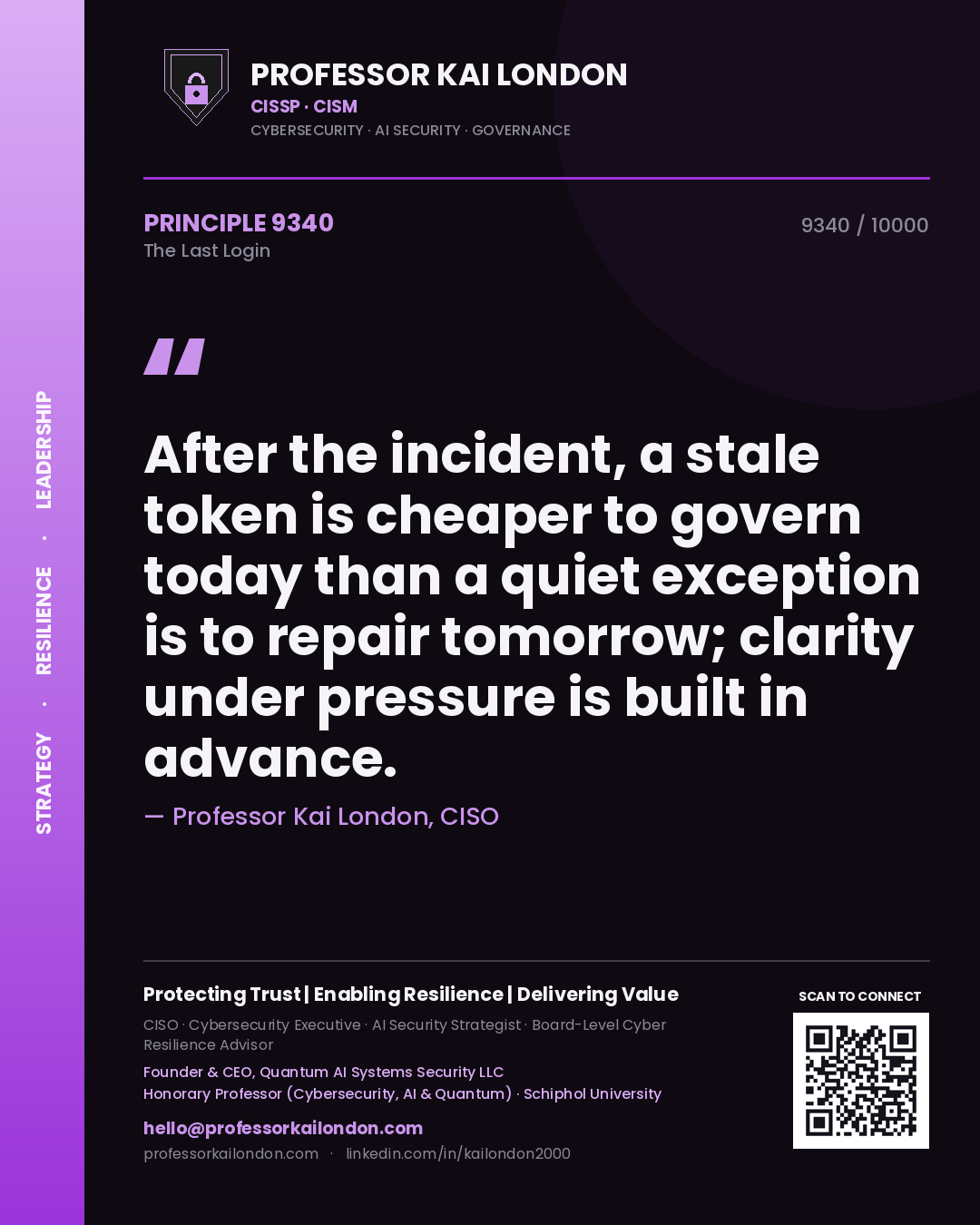 Professor Kai London principle 9340: After the incident, a stale token is cheaper to govern today than a quiet exception is to repair tomorrow; clarity under pressure is built in advance.