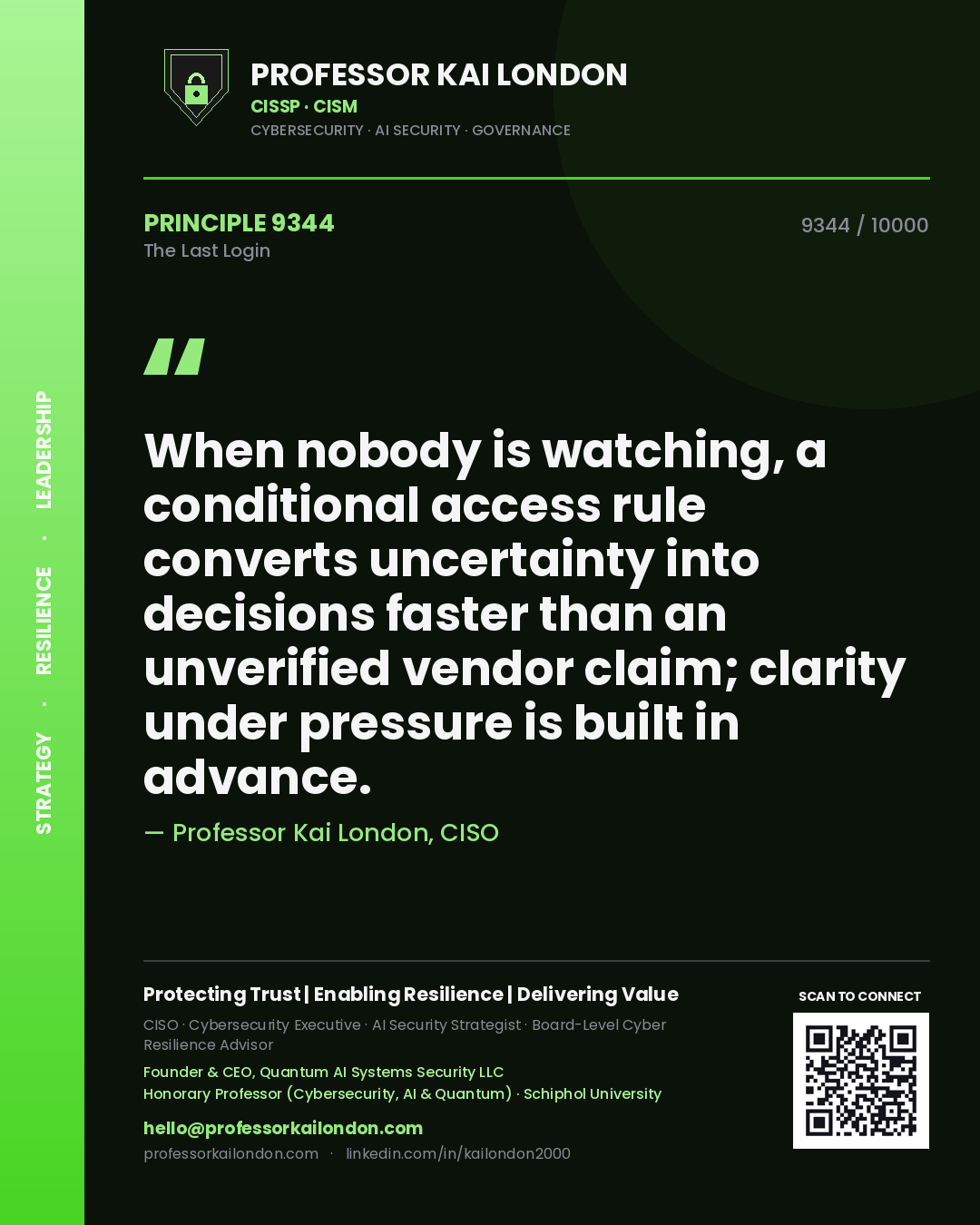 Professor Kai London principle 9344: When nobody is watching, a conditional access rule converts uncertainty into decisions faster than an unverified vendor claim; clarity under pressure is built in advance.
