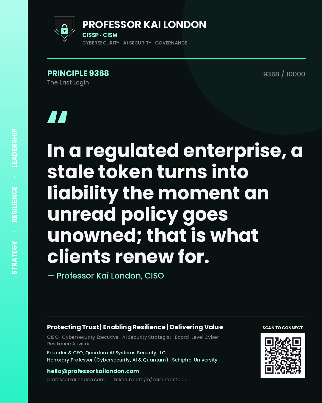 Professor Kai London principle 9368: In a regulated enterprise, a stale token turns into liability the moment an unread policy goes unowned; that is what clients renew for.
