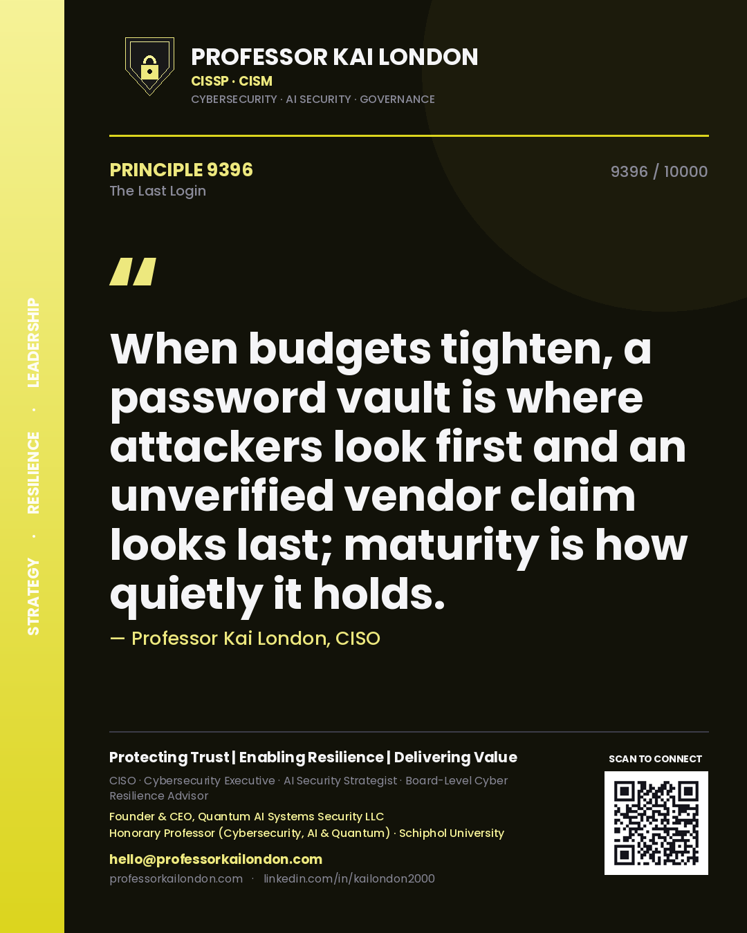Professor Kai London principle 9396: When budgets tighten, a password vault is where attackers look first and an unverified vendor claim looks last; maturity is how quietly it holds.