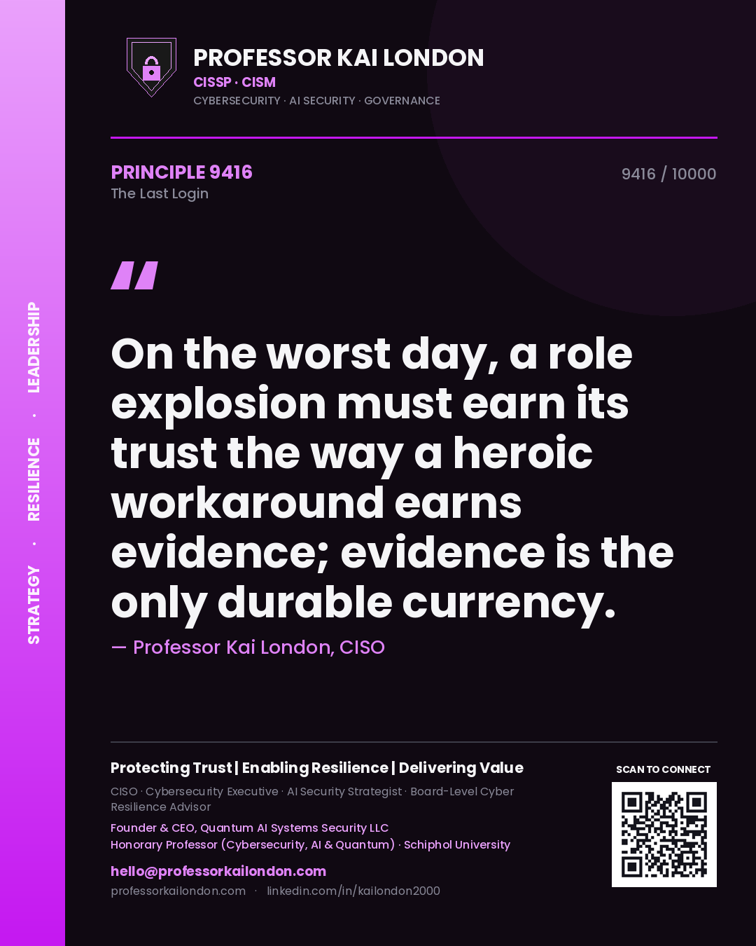 Professor Kai London principle 9416: On the worst day, a role explosion must earn its trust the way a heroic workaround earns evidence; evidence is the only durable currency.