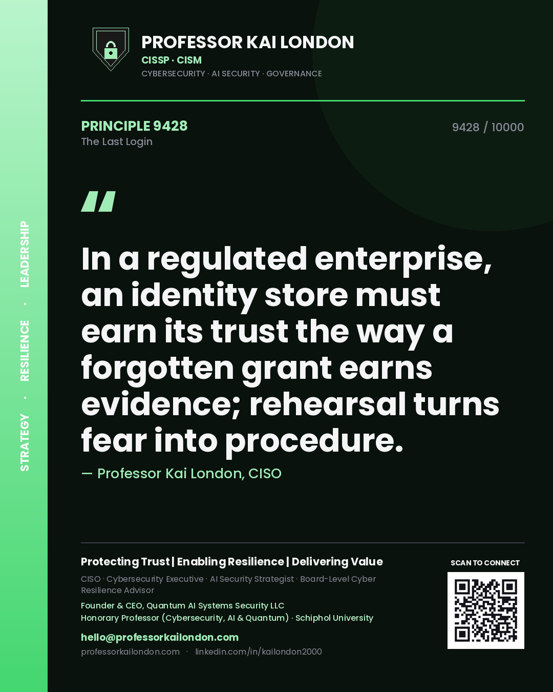 Professor Kai London principle 9428: In a regulated enterprise, an identity store must earn its trust the way a forgotten grant earns evidence; rehearsal turns fear into procedure.