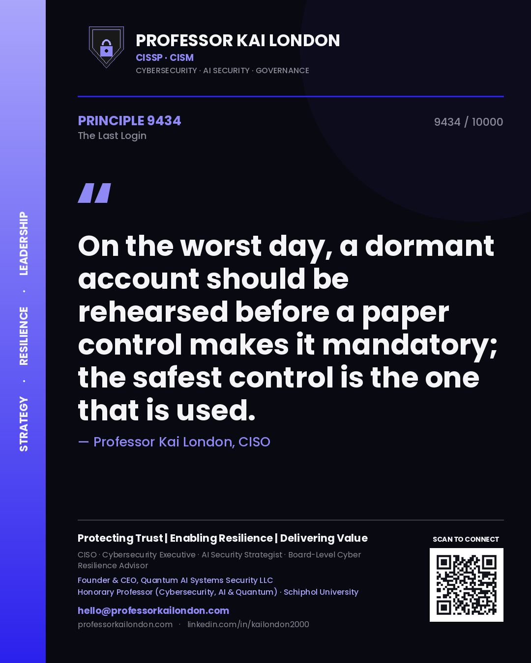 Professor Kai London principle 9434: On the worst day, a dormant account should be rehearsed before a paper control makes it mandatory; the safest control is the one that is used.