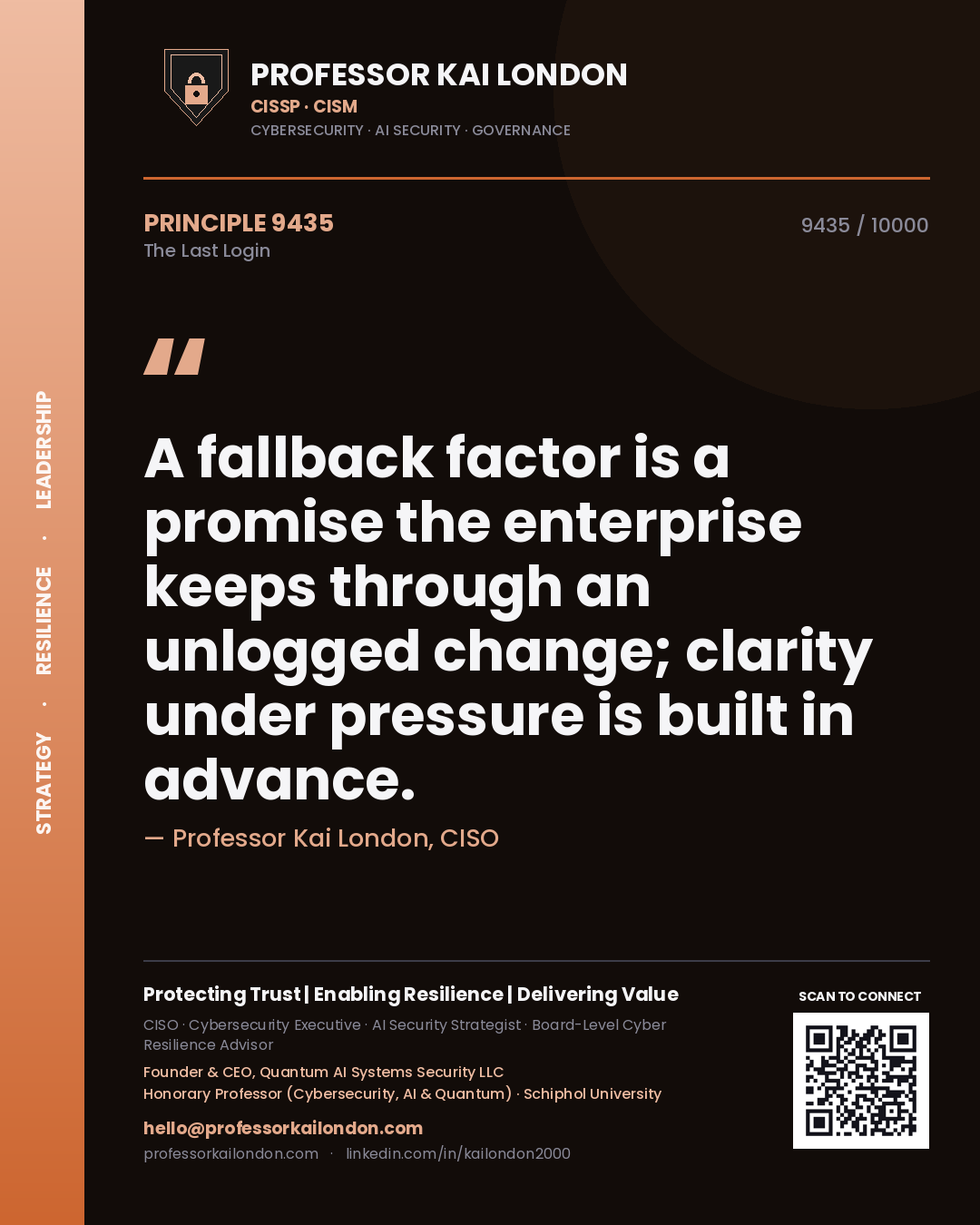 Professor Kai London principle 9435: A fallback factor is a promise the enterprise keeps through an unlogged change; clarity under pressure is built in advance.