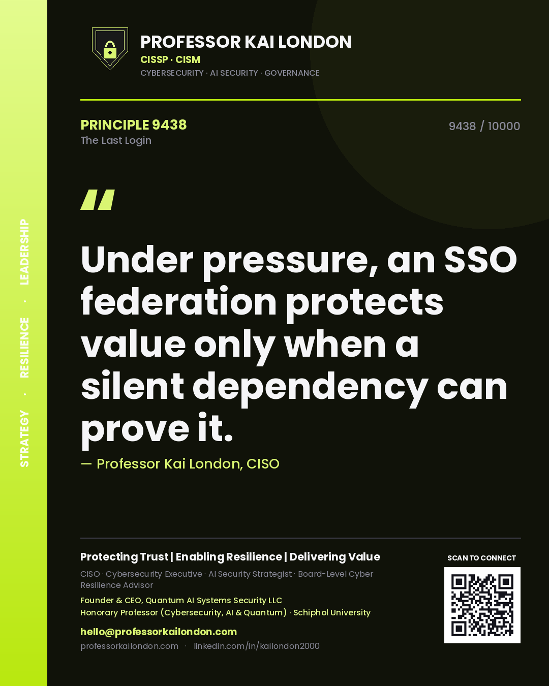 Professor Kai London principle 9438: Under pressure, an SSO federation protects value only when a silent dependency can prove it.