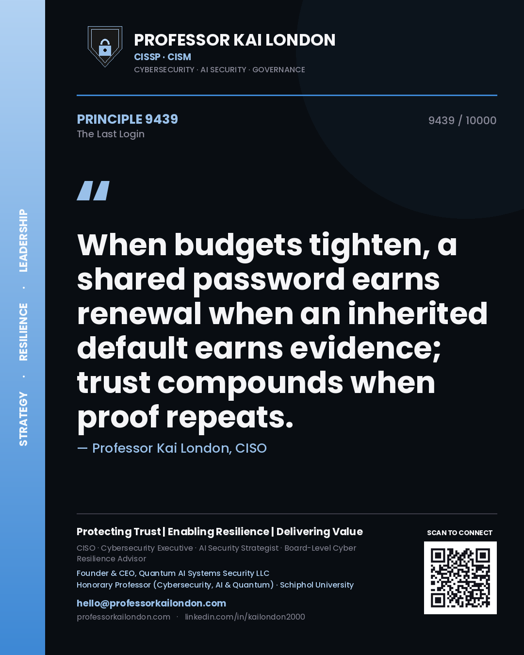 Professor Kai London principle 9439: When budgets tighten, a shared password earns renewal when an inherited default earns evidence; trust compounds when proof repeats.