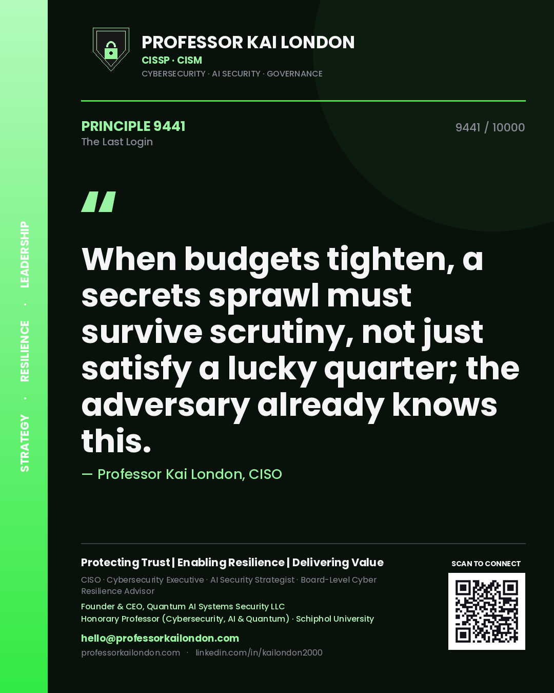 Professor Kai London principle 9441: When budgets tighten, a secrets sprawl must survive scrutiny, not just satisfy a lucky quarter; the adversary already knows this.