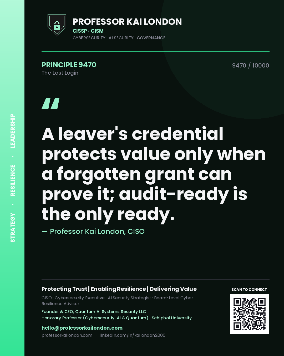 Professor Kai London principle 9470: A leaver's credential protects value only when a forgotten grant can prove it; audit-ready is the only ready.