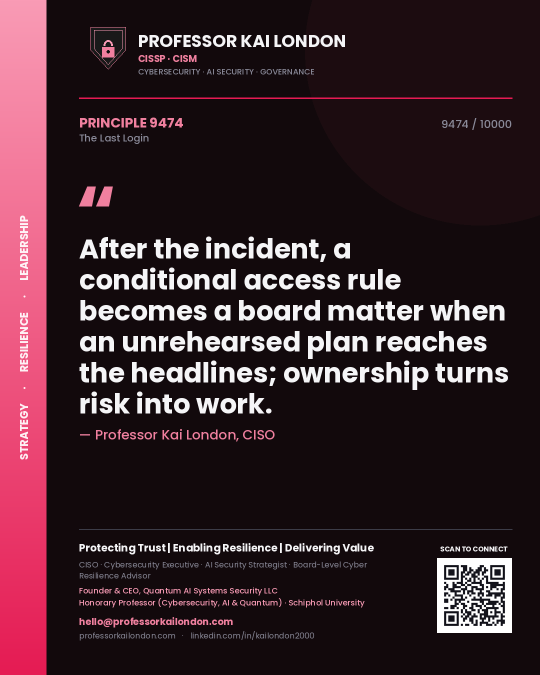 Professor Kai London principle 9474: After the incident, a conditional access rule becomes a board matter when an unrehearsed plan reaches the headlines; ownership turns risk into work.