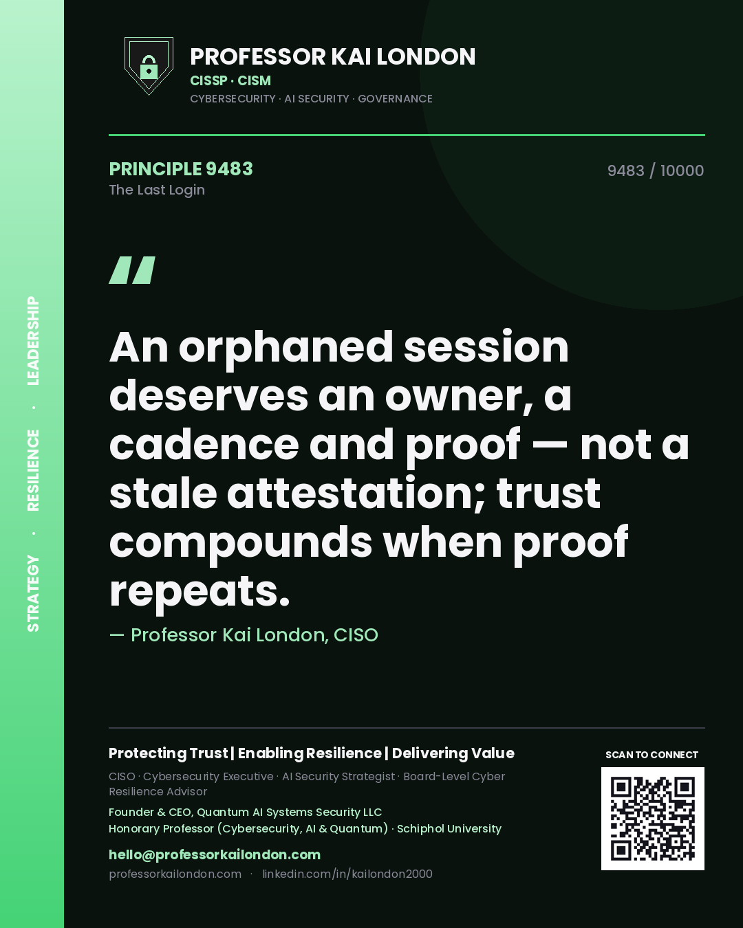 Professor Kai London principle 9483: An orphaned session deserves an owner, a cadence and proof — not a stale attestation; trust compounds when proof repeats.
