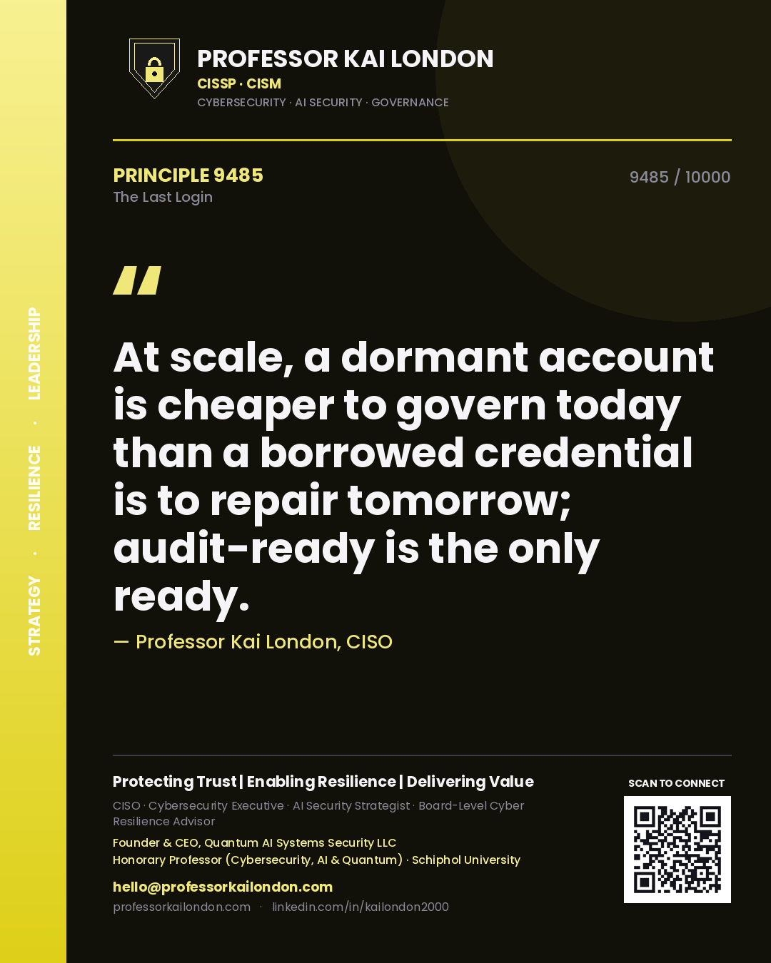 Professor Kai London principle 9485: At scale, a dormant account is cheaper to govern today than a borrowed credential is to repair tomorrow; audit-ready is the only ready.