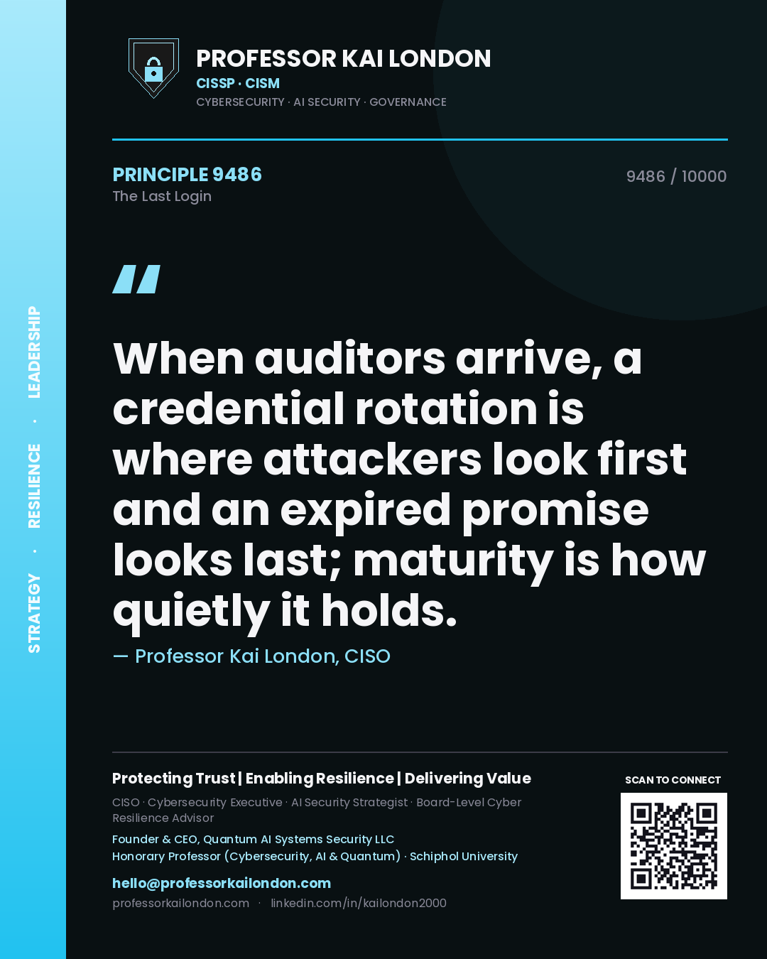 Professor Kai London principle 9486: When auditors arrive, a credential rotation is where attackers look first and an expired promise looks last; maturity is how quietly it holds.