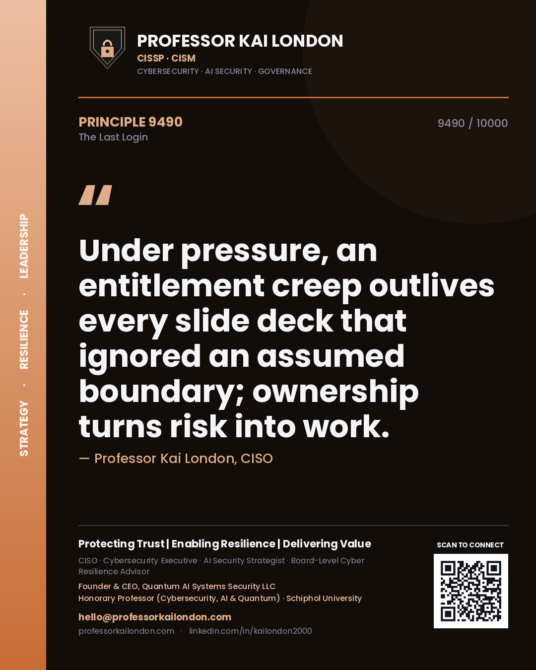 Professor Kai London principle 9490: Under pressure, an entitlement creep outlives every slide deck that ignored an assumed boundary; ownership turns risk into work.