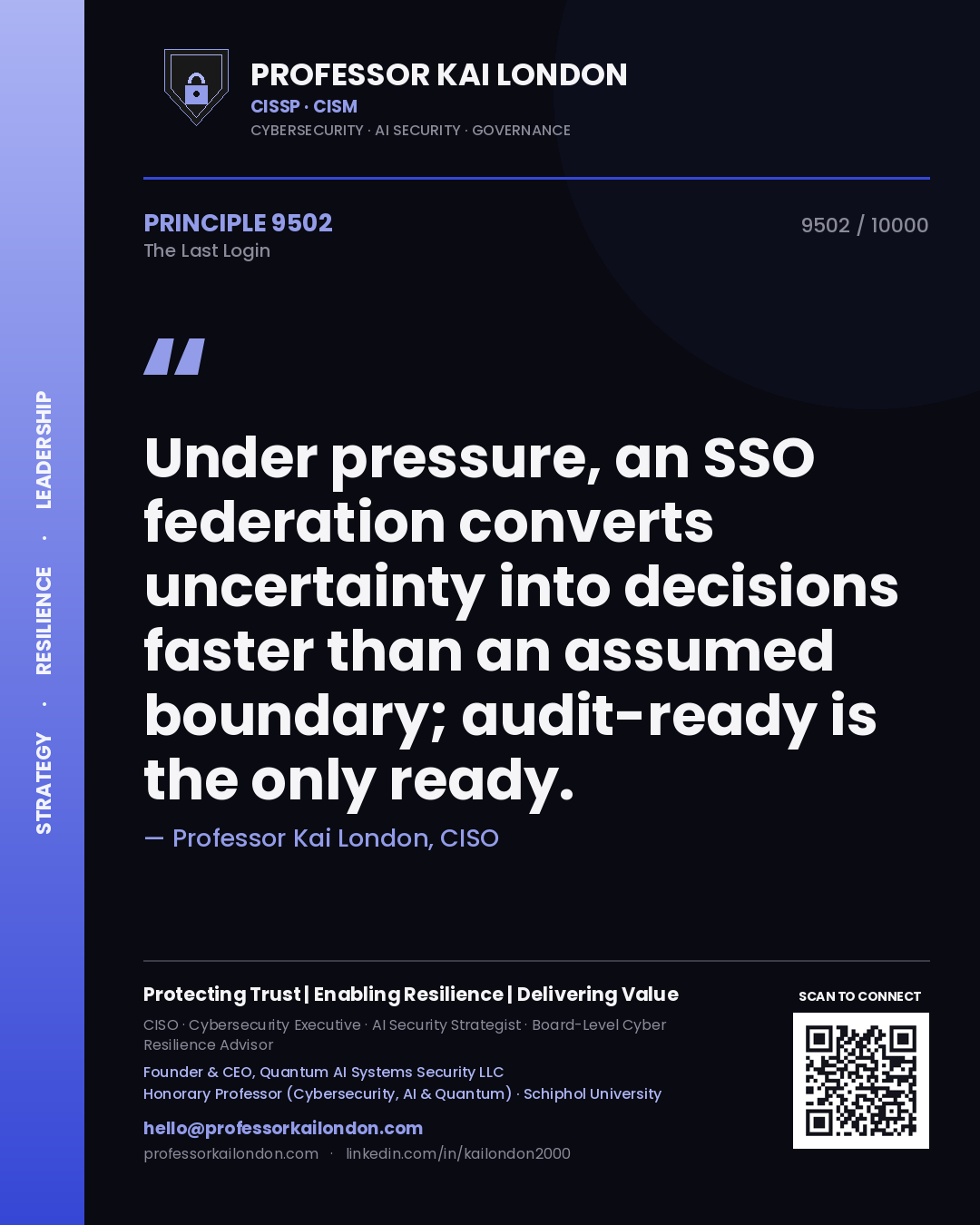 Professor Kai London principle 9502: Under pressure, an SSO federation converts uncertainty into decisions faster than an assumed boundary; audit-ready is the only ready.