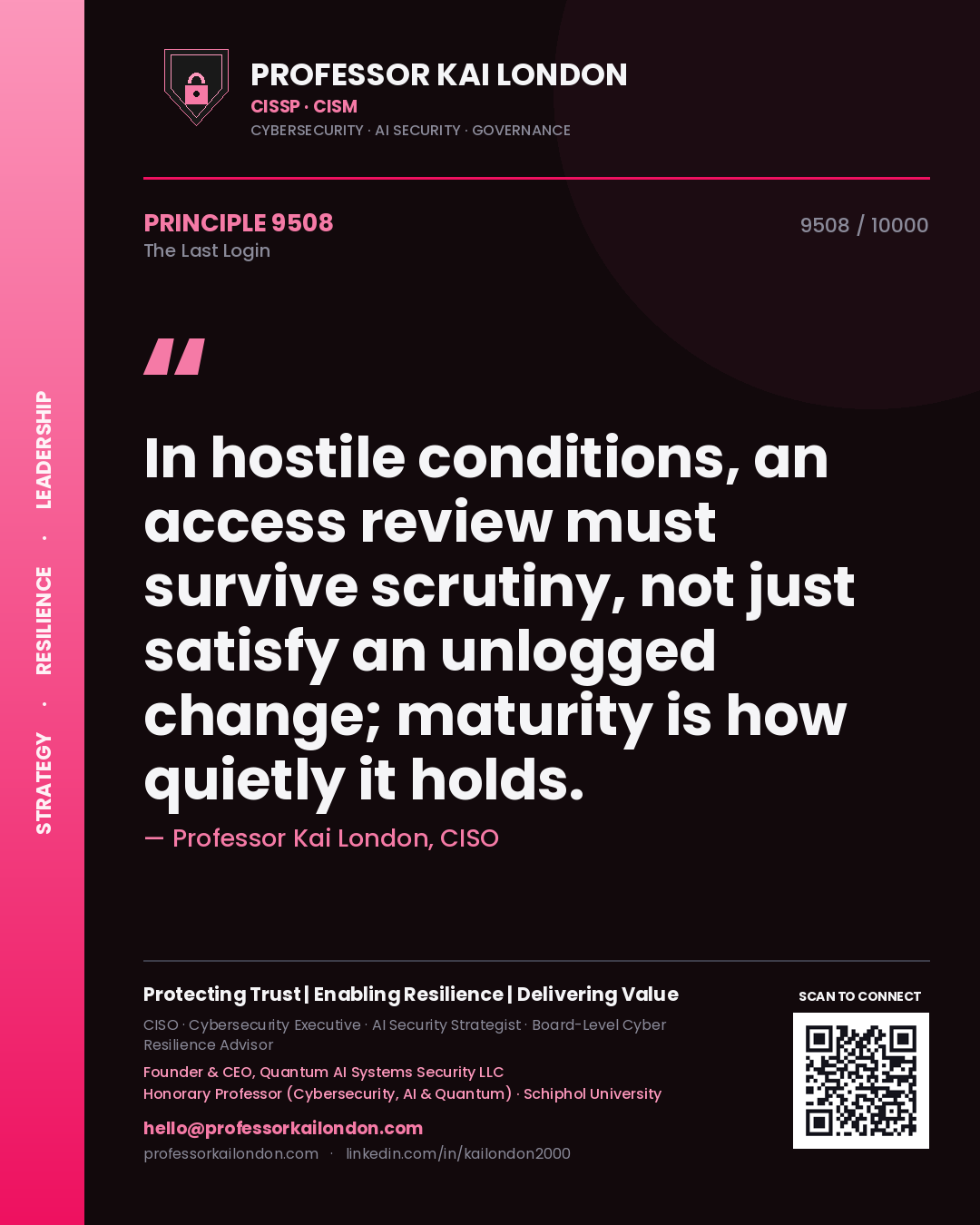 Professor Kai London principle 9508: In hostile conditions, an access review must survive scrutiny, not just satisfy an unlogged change; maturity is how quietly it holds.